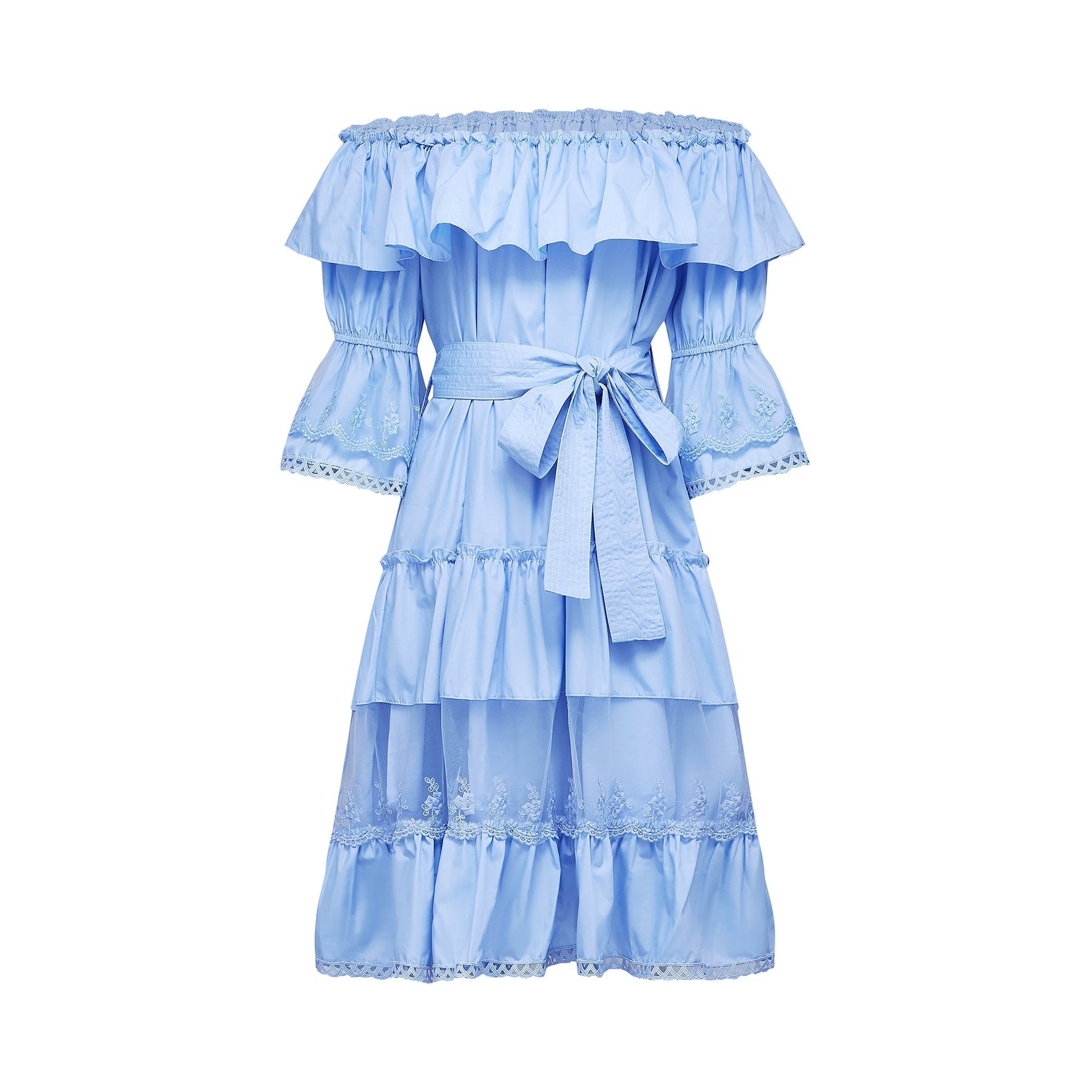 Sophie Blue Off - Shoulder Tiered Dress With Lace Trim and Waist Tie