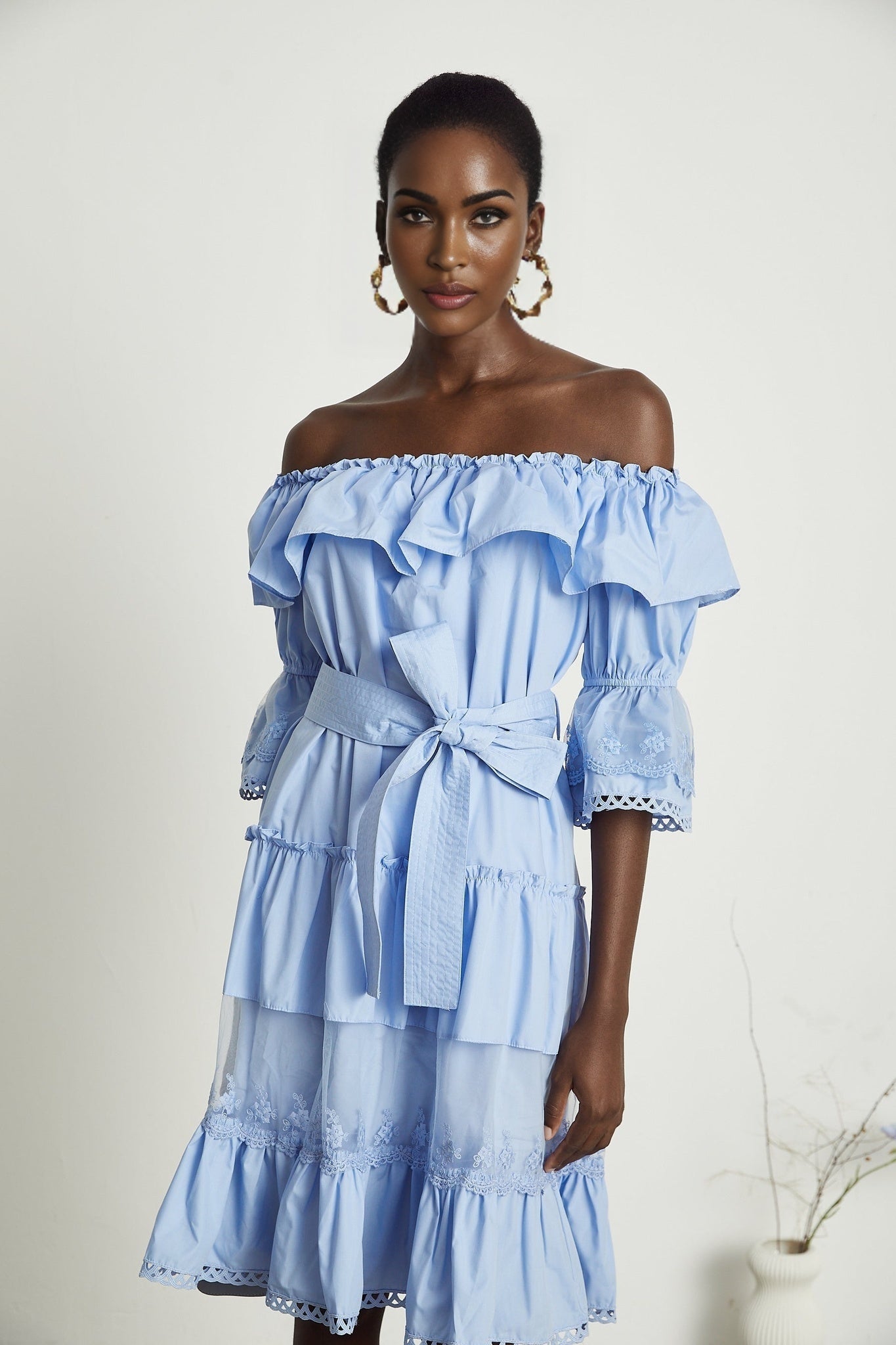 Sophie Blue Off - Shoulder Tiered Dress With Lace Trim and Waist Tie