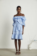 Sophie Blue Off - Shoulder Tiered Dress With Lace Trim and Waist Tie