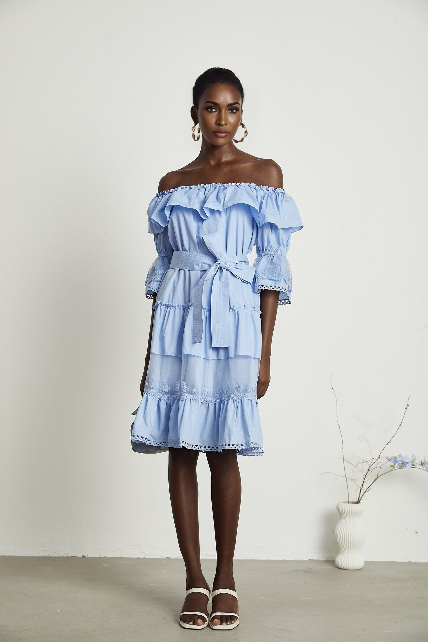 Sophie Blue Off - Shoulder Tiered Dress With Lace Trim and Waist Tie