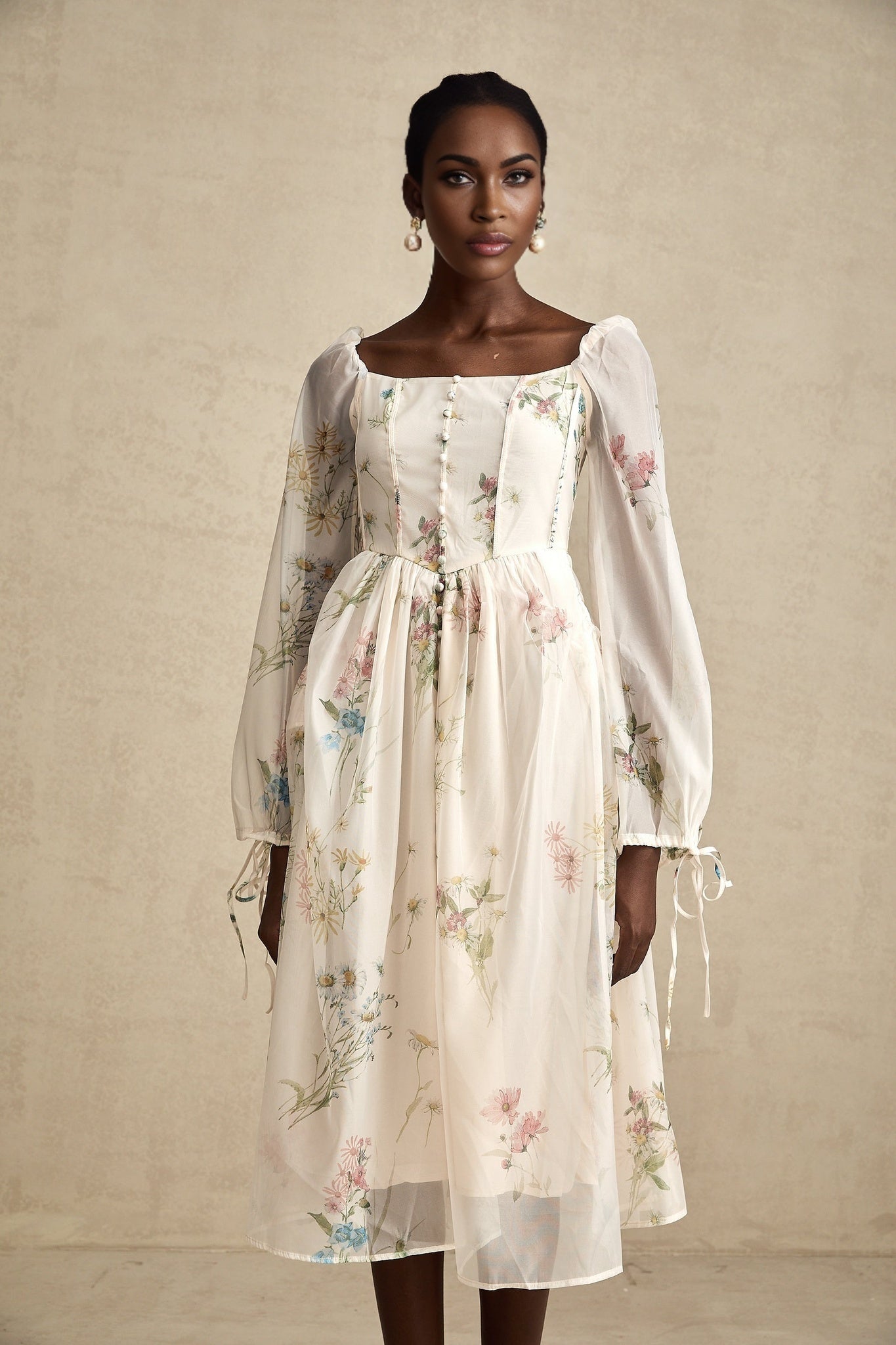 Stefania Floral Midi Dress with Pleated Detail LaceUp Cuffs & Decorative Buttons