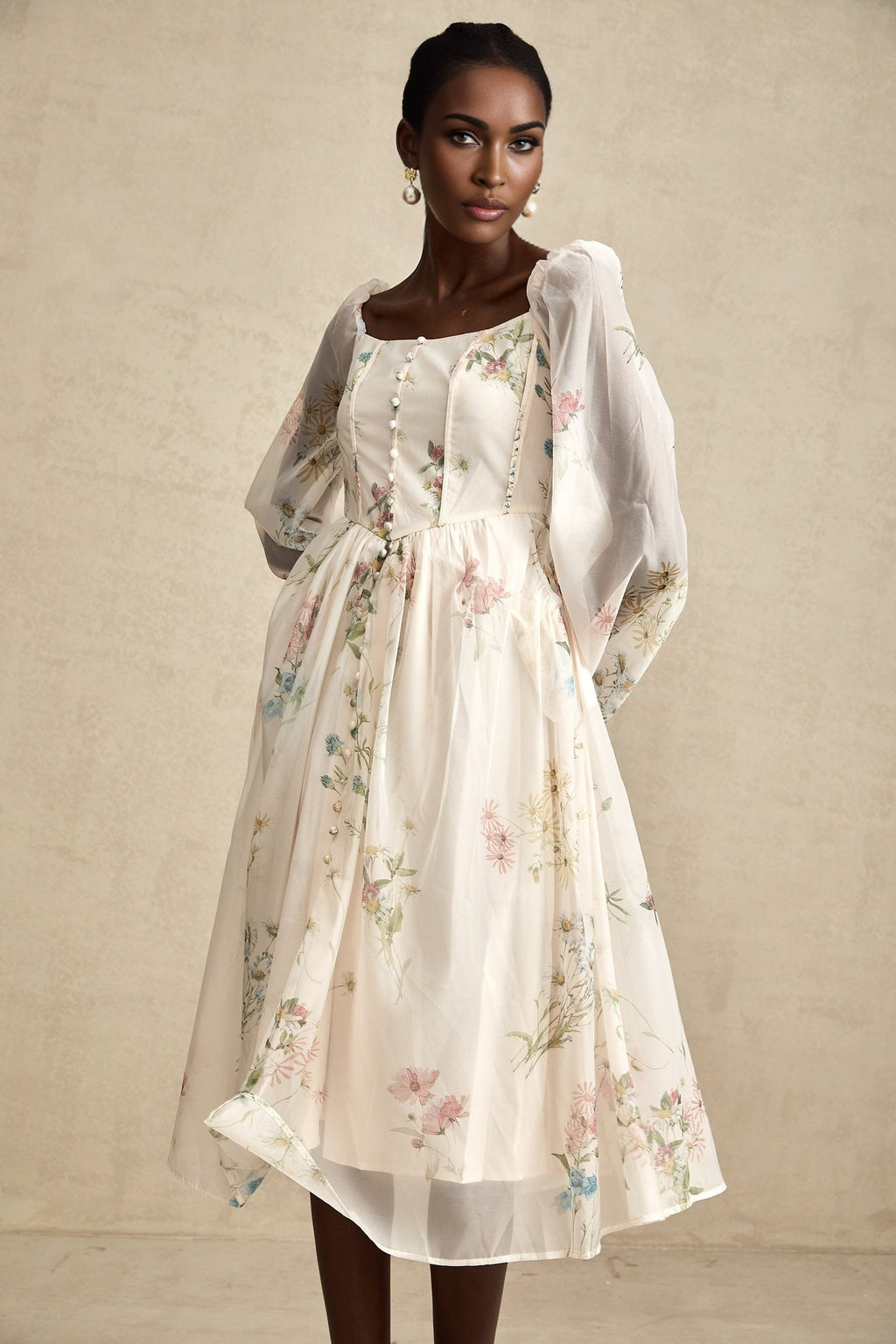 Stefania Floral Midi Dress with Pleated Detail LaceUp Cuffs & Decorative Buttons
