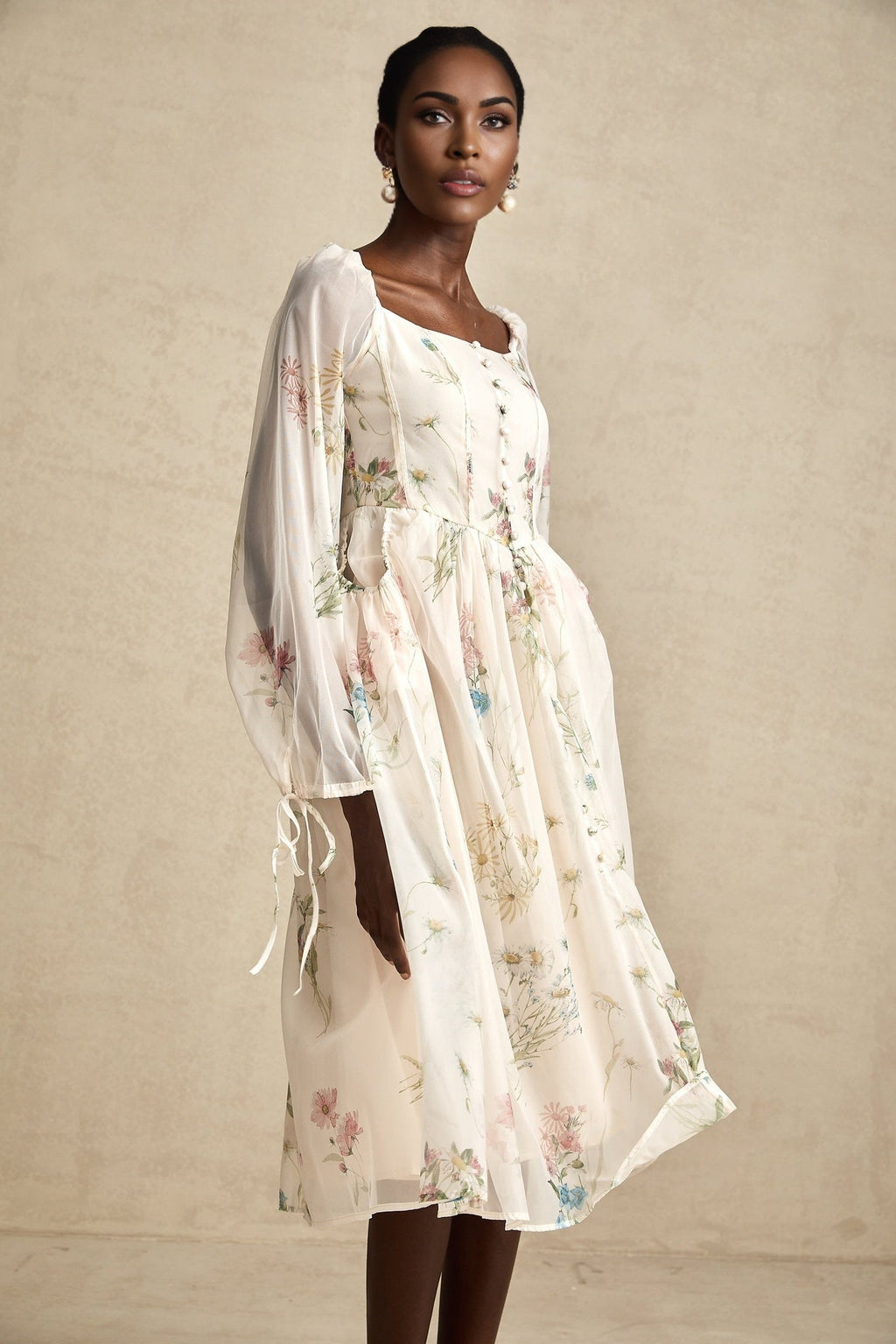 Stefania Floral Midi Dress with Pleated Detail LaceUp Cuffs & Decorative Buttons