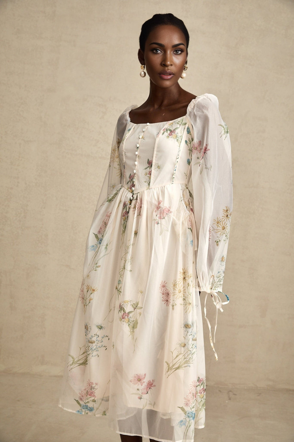 Stefania Floral Midi Dress with Pleated Detail LaceUp Cuffs & Decorative Buttons
