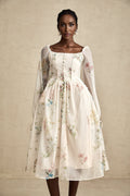 Stefania Floral Midi Dress with Pleated Detail LaceUp Cuffs & Decorative Buttons
