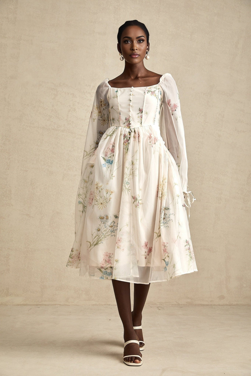 Stefania Floral Midi Dress with Pleated Detail LaceUp Cuffs & Decorative Buttons