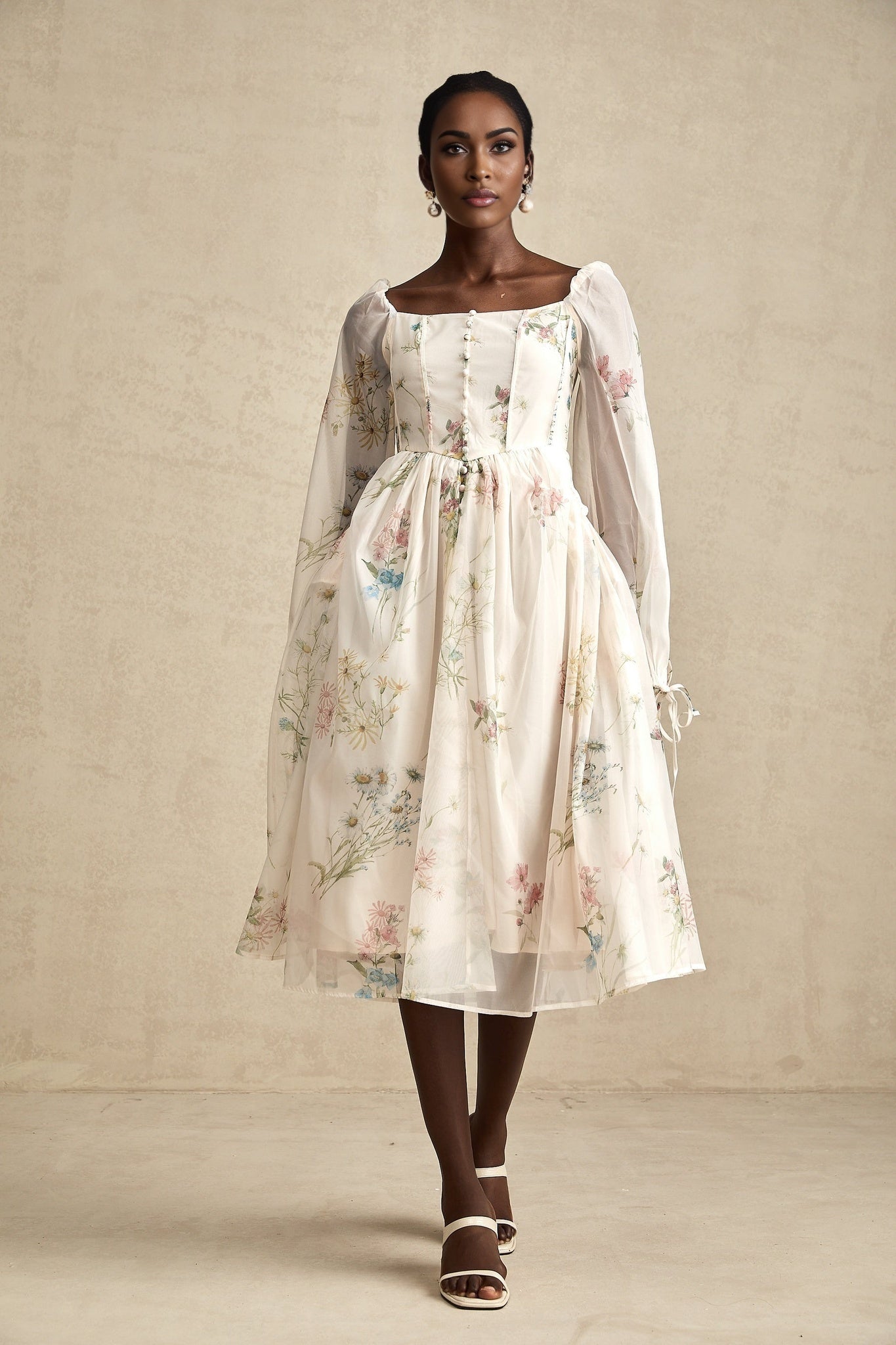 Stefania Floral Midi Dress with Pleated Detail LaceUp Cuffs & Decorative Buttons