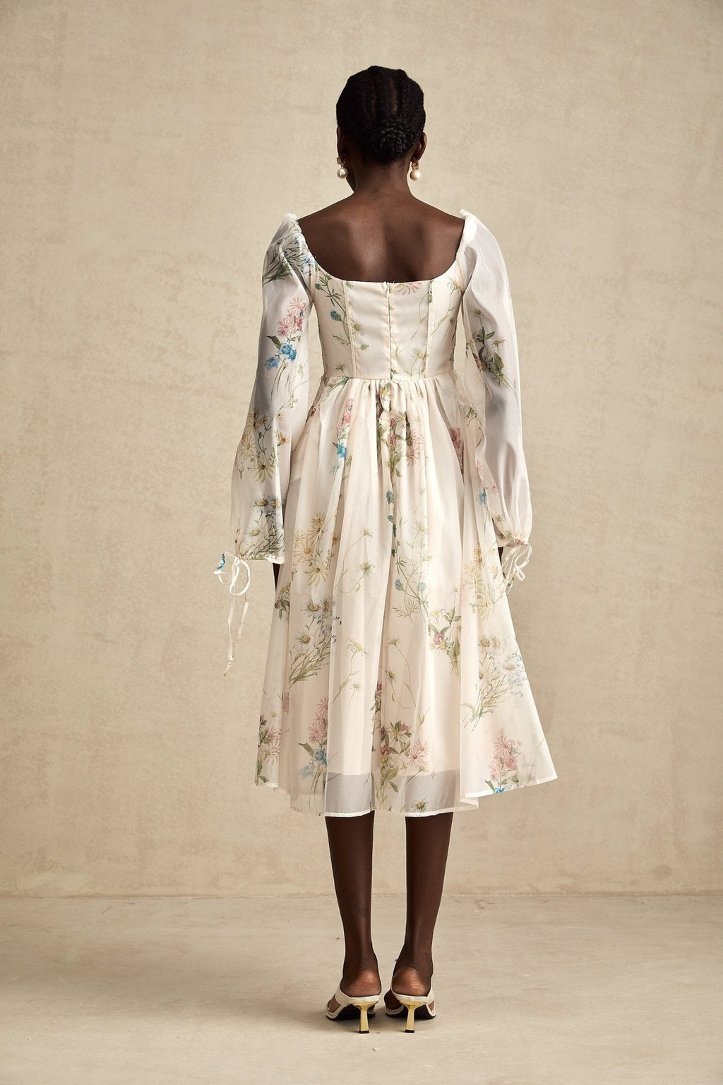 Stefania Floral Midi Dress with Pleated Detail LaceUp Cuffs & Decorative Buttons