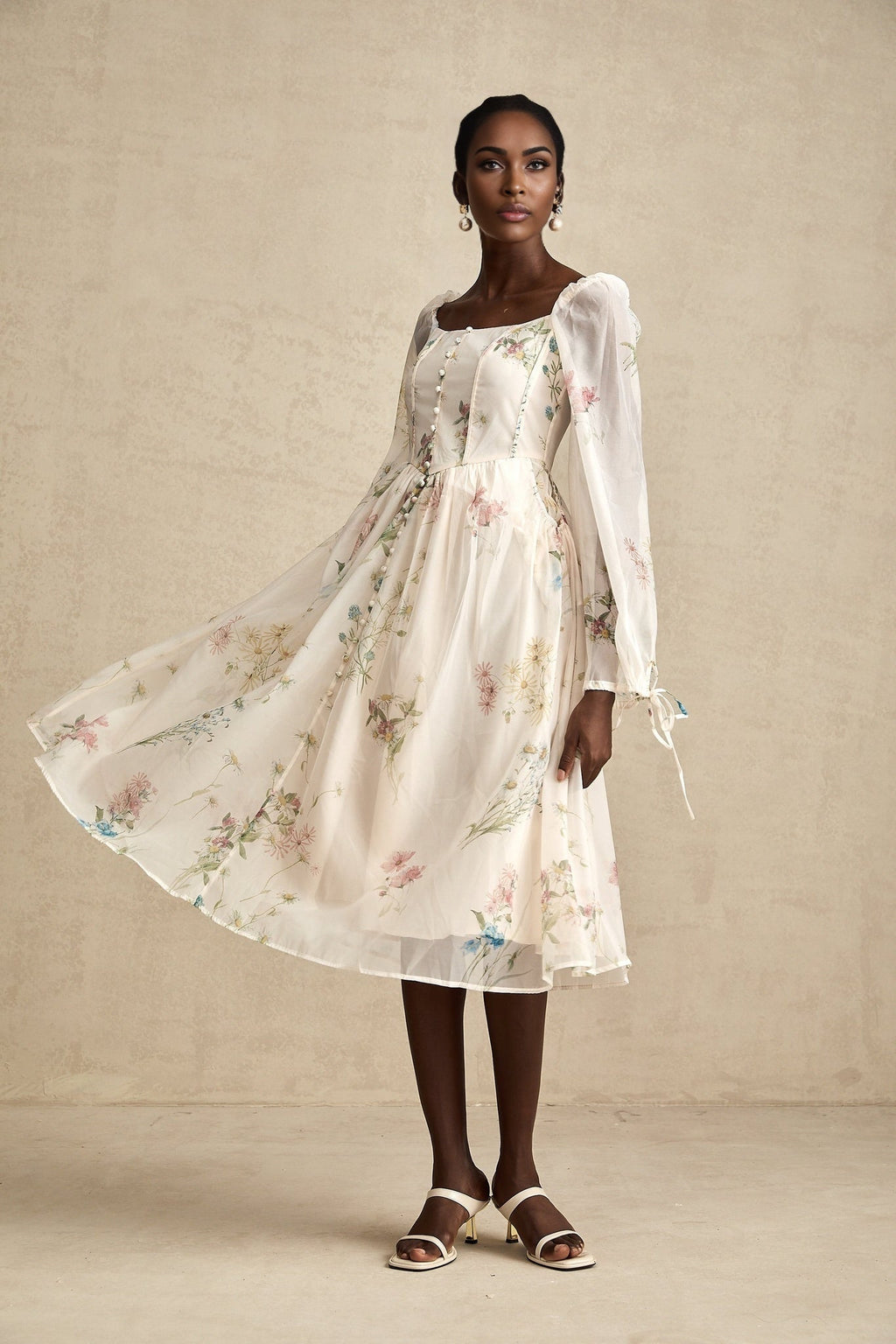 Stefania Floral Midi Dress with Pleated Detail LaceUp Cuffs & Decorative Buttons