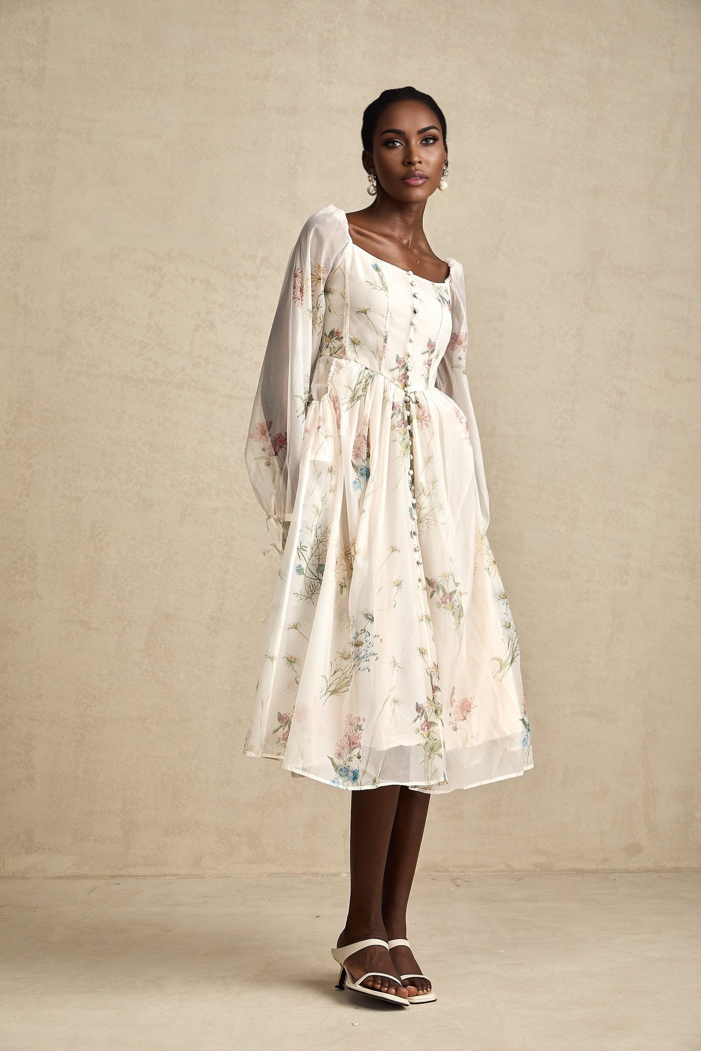 Stefania Floral Midi Dress with Pleated Detail LaceUp Cuffs & Decorative Buttons