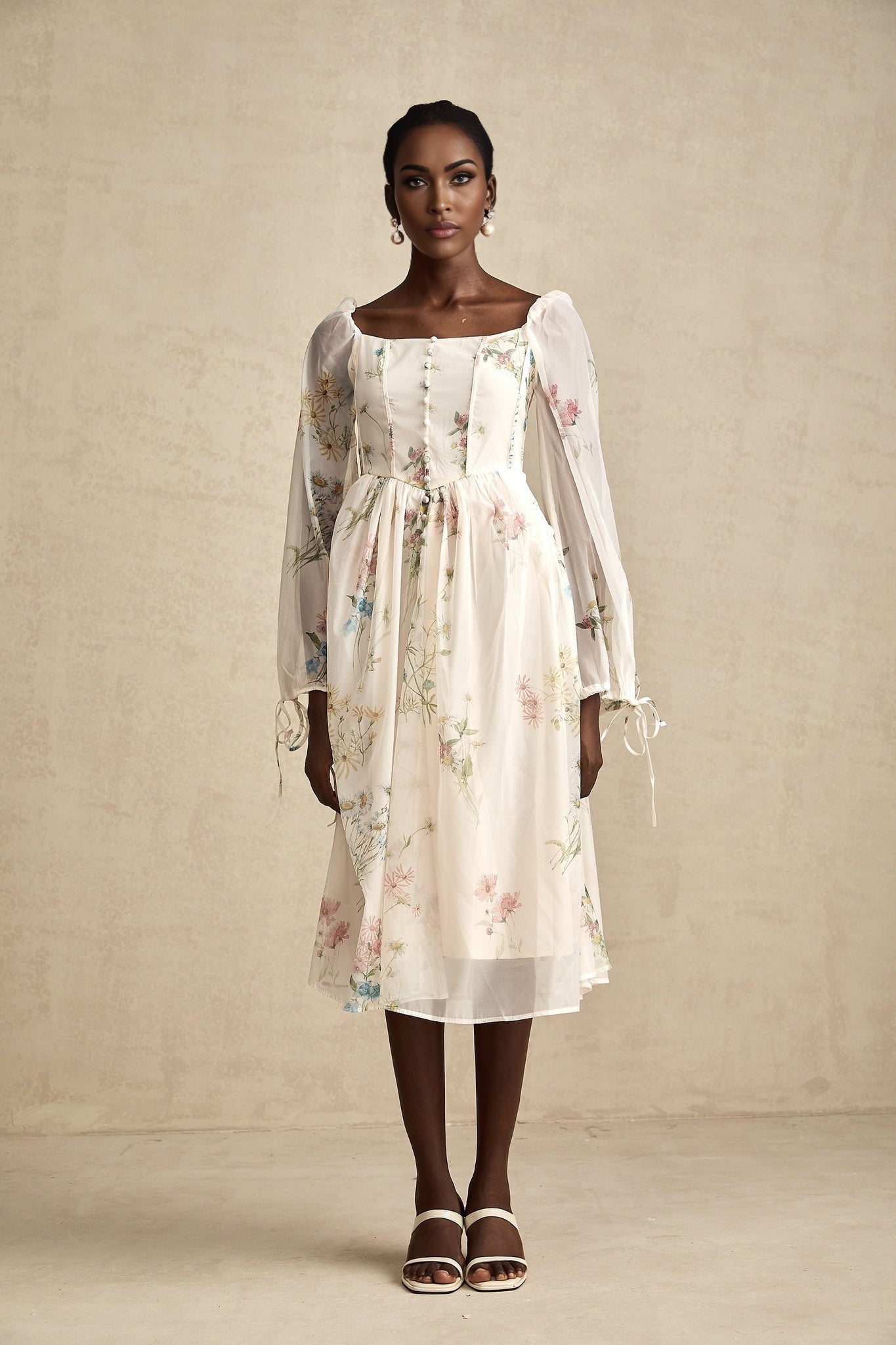 Stefania Floral Midi Dress with Pleated Detail LaceUp Cuffs & Decorative Buttons
