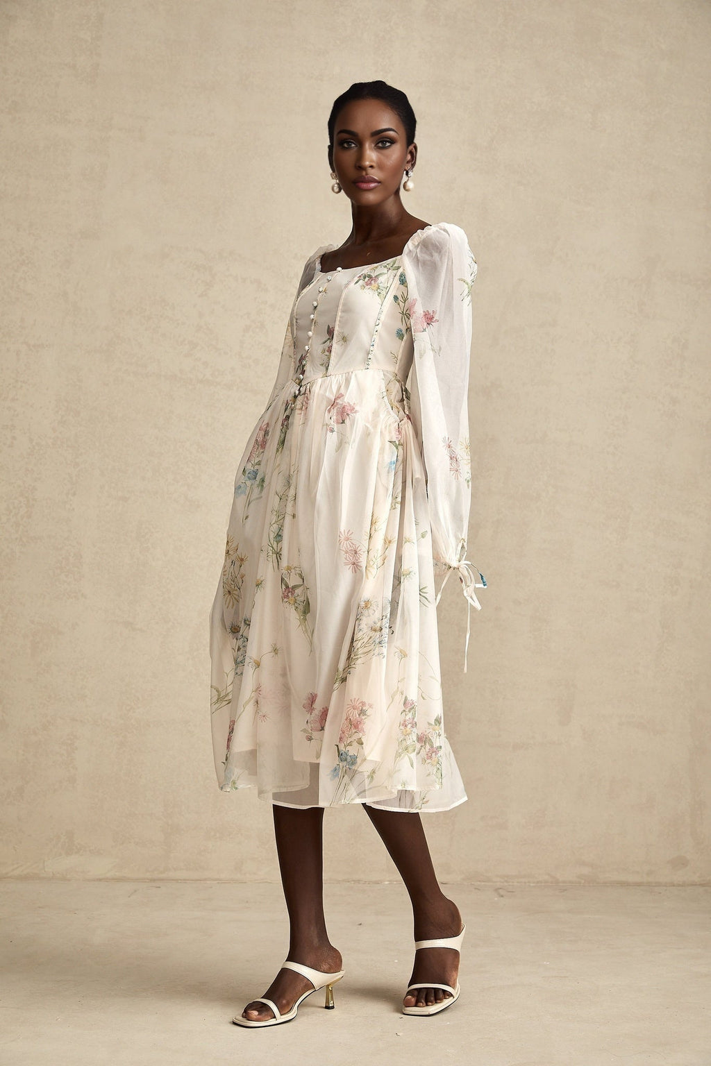 Stefania Floral Midi Dress with Pleated Detail LaceUp Cuffs & Decorative Buttons