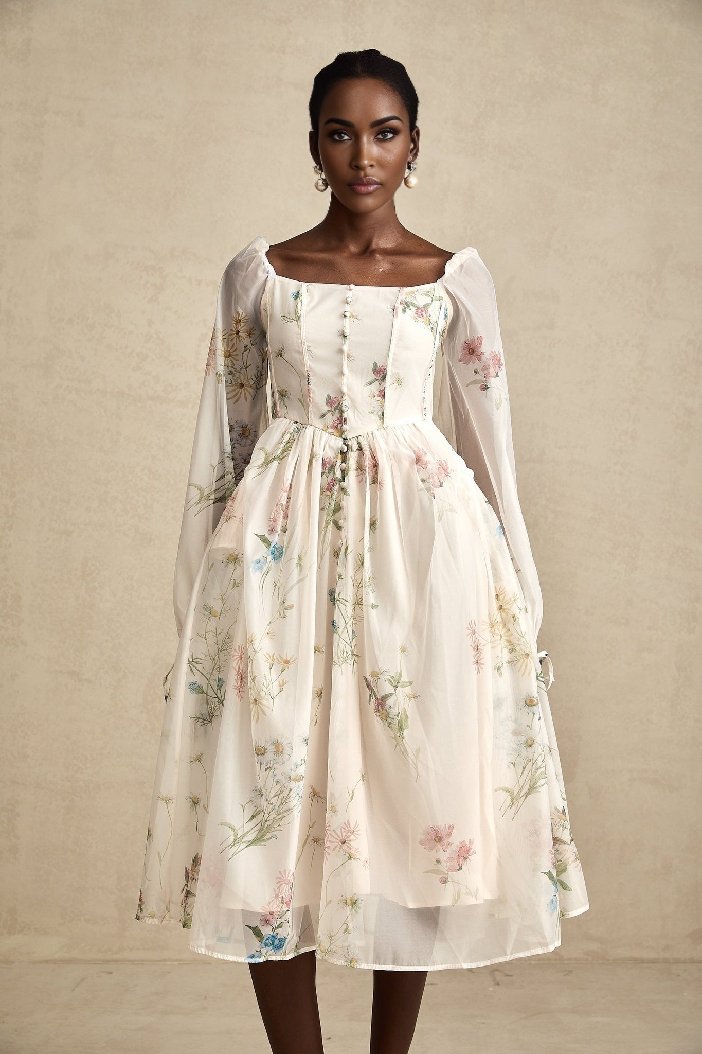 Stefania Floral Midi Dress with Pleated Detail LaceUp Cuffs & Decorative Buttons