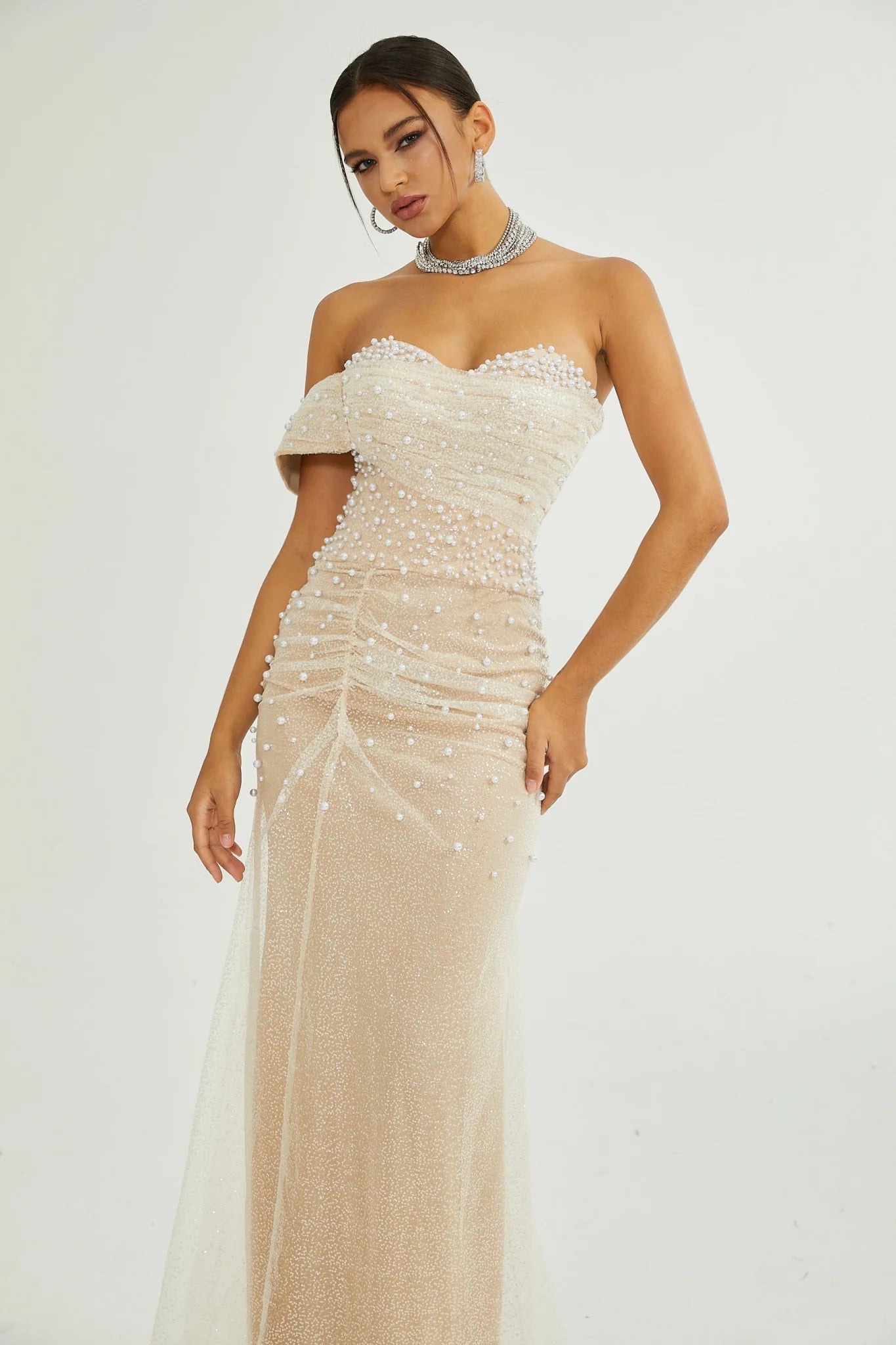 Stefania Maxi Dress with Off the Shoulder Layered Design
