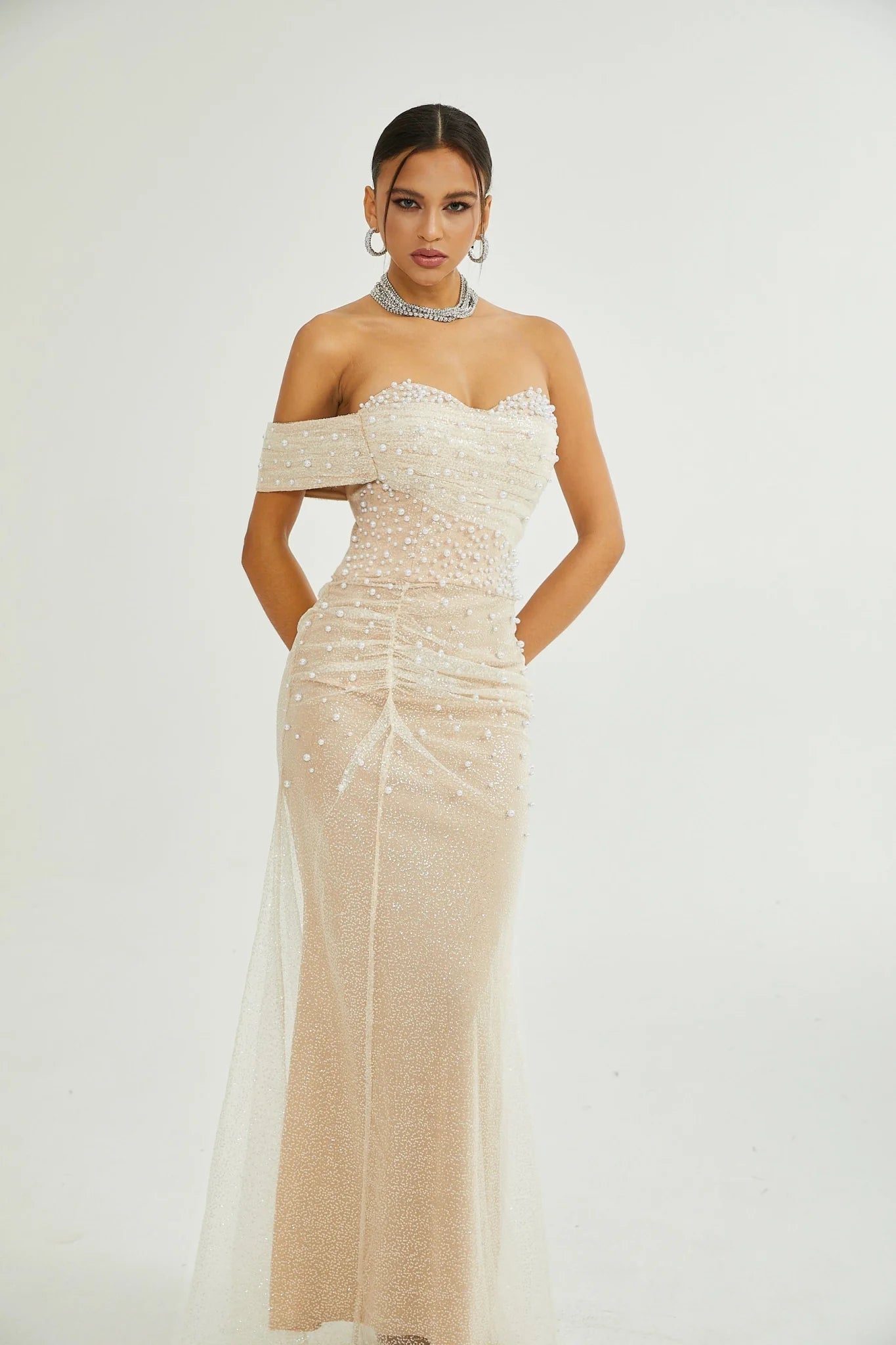 Stefania Maxi Dress with Off the Shoulder Layered Design