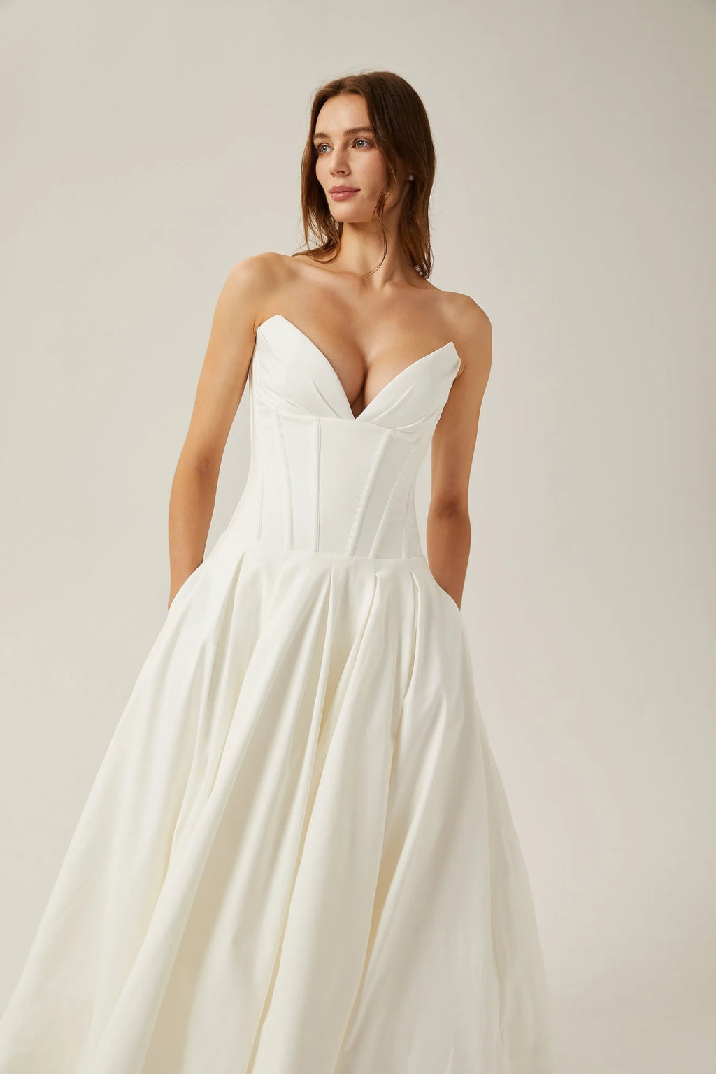 Stefania Midi Dress White Off Shoulder Corset Pleated Pockets