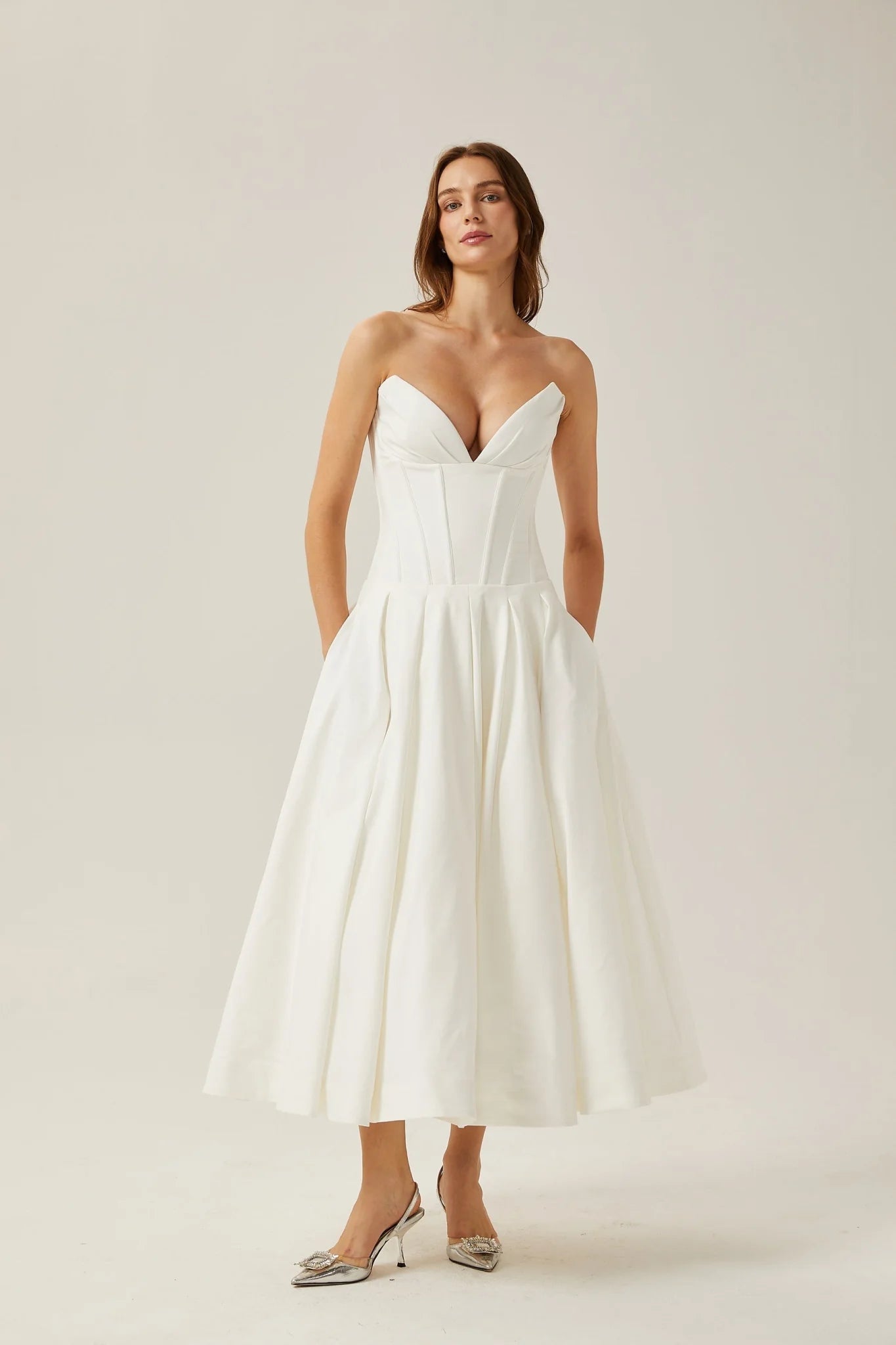 Stefania Midi Dress White Off Shoulder Corset Pleated Pockets