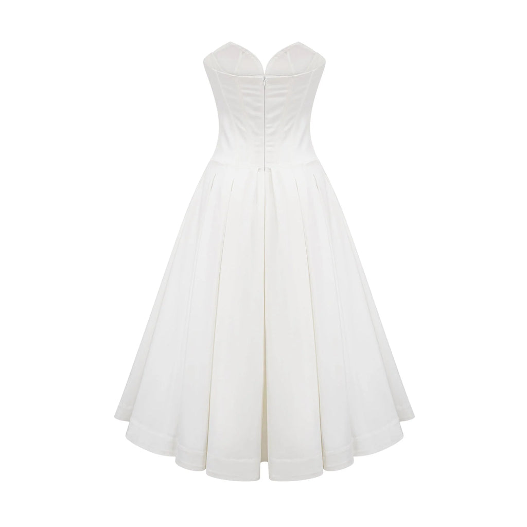 Stefania Midi Dress White Off Shoulder Corset Pleated Pockets