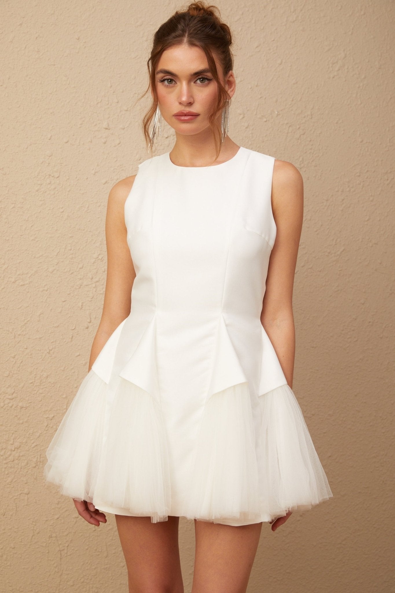 Stefania Mini Dress White Peplum Ruffle Tulle Panel Hem