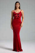 Stefania Red Velvet Halter Maxi Dress with Bow Detailing