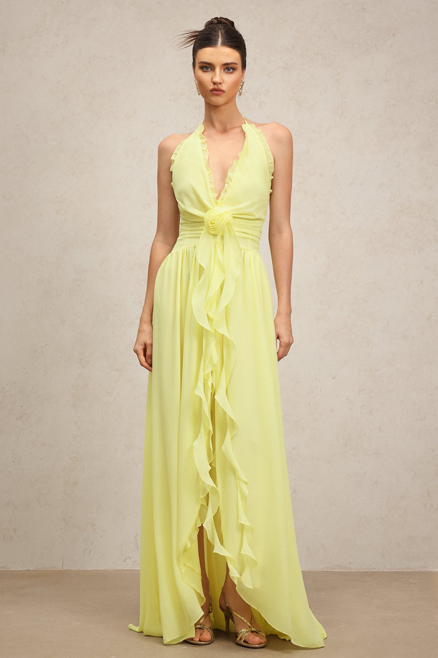 Stefania Yellow Ruffle Detail Maxi Dress