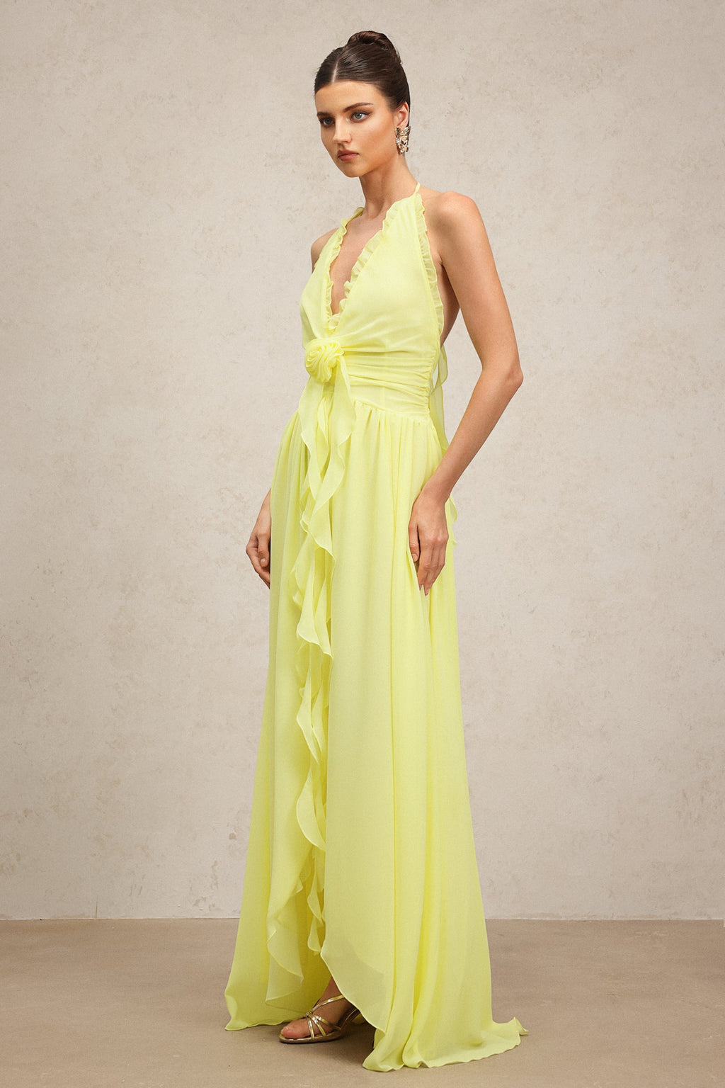 Stefania Yellow Ruffle Detail Maxi Dress