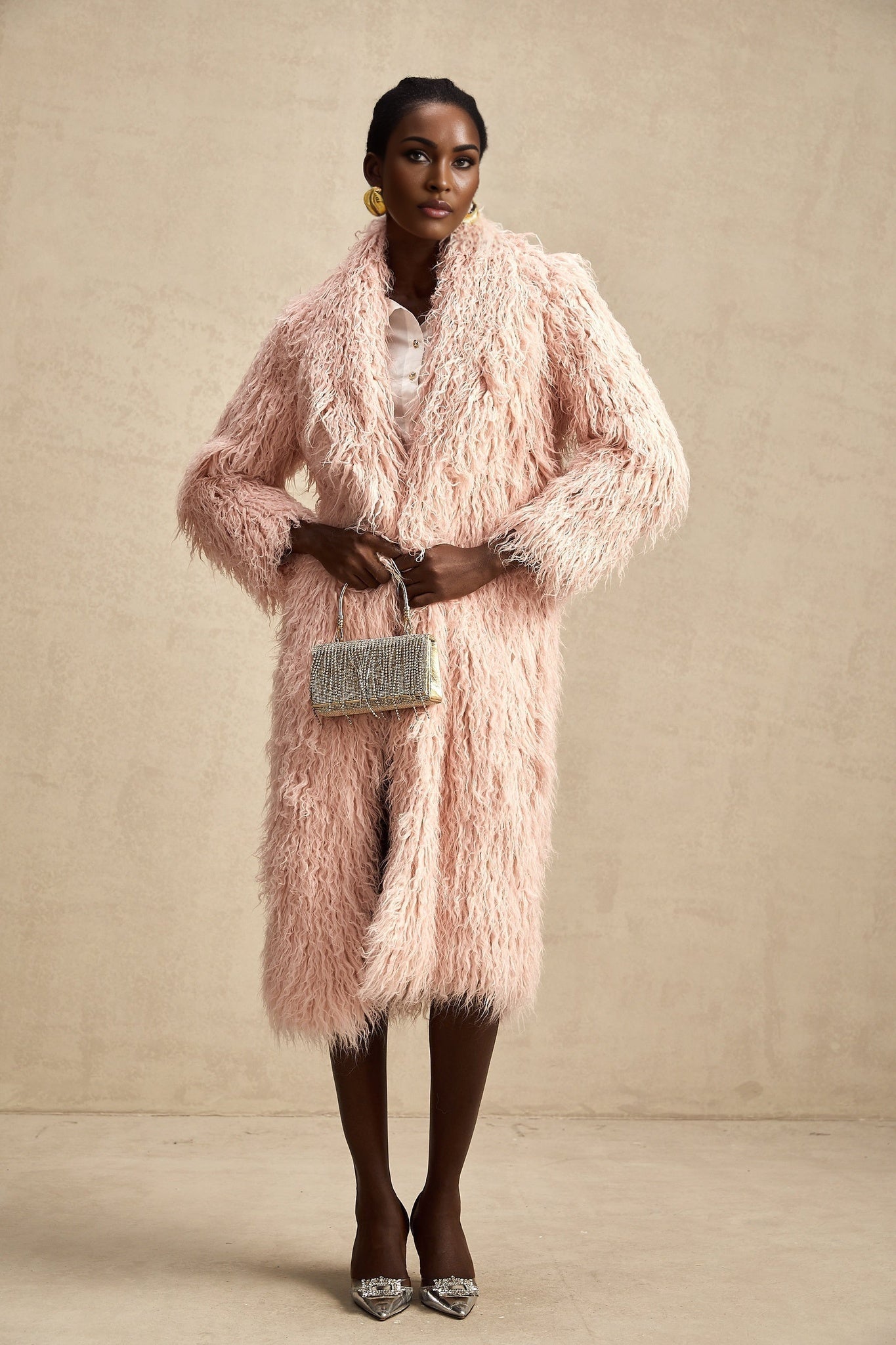 Stella Coat Stella Pink Faux Fur Open Front Midi Length Coat