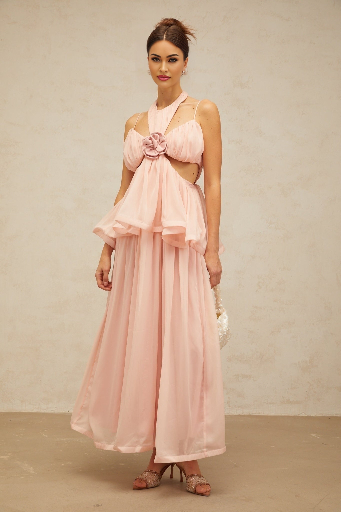 Stella Floral Maxi Dress in Pink with Halterneck Design and Cut - out Detailing