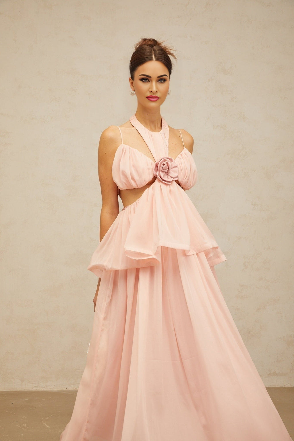 Stella Floral Maxi Dress in Pink with Halterneck Design and Cut - out Detailing