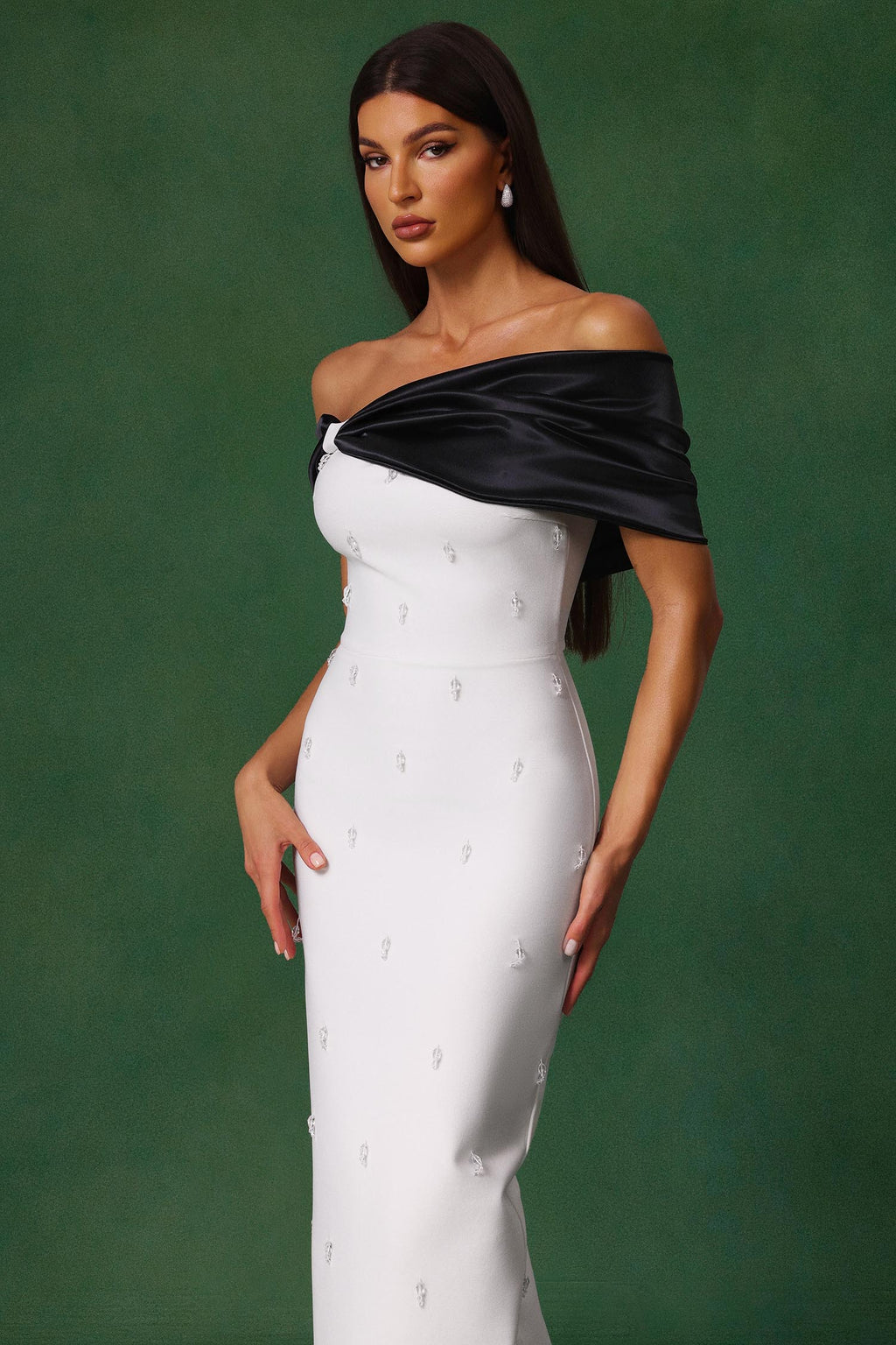 Stella Off-the-Shoulder White Diamond Bow Maxi Dress