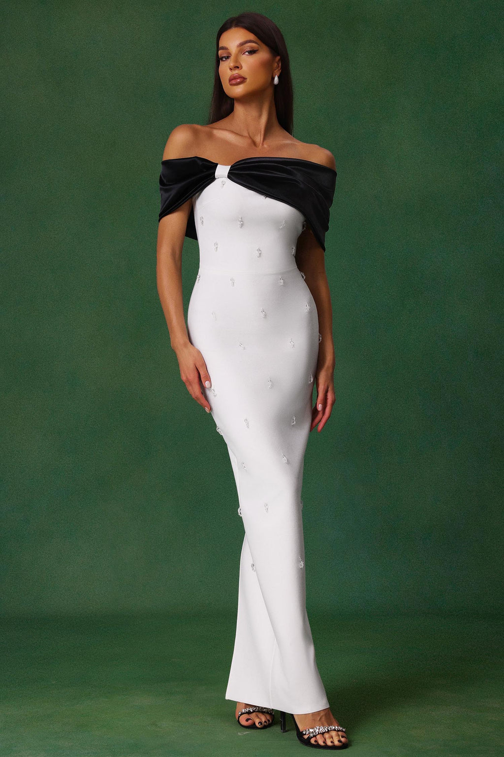 Stella White Diamond Bow Off-the-Shoulder Maxi Dress