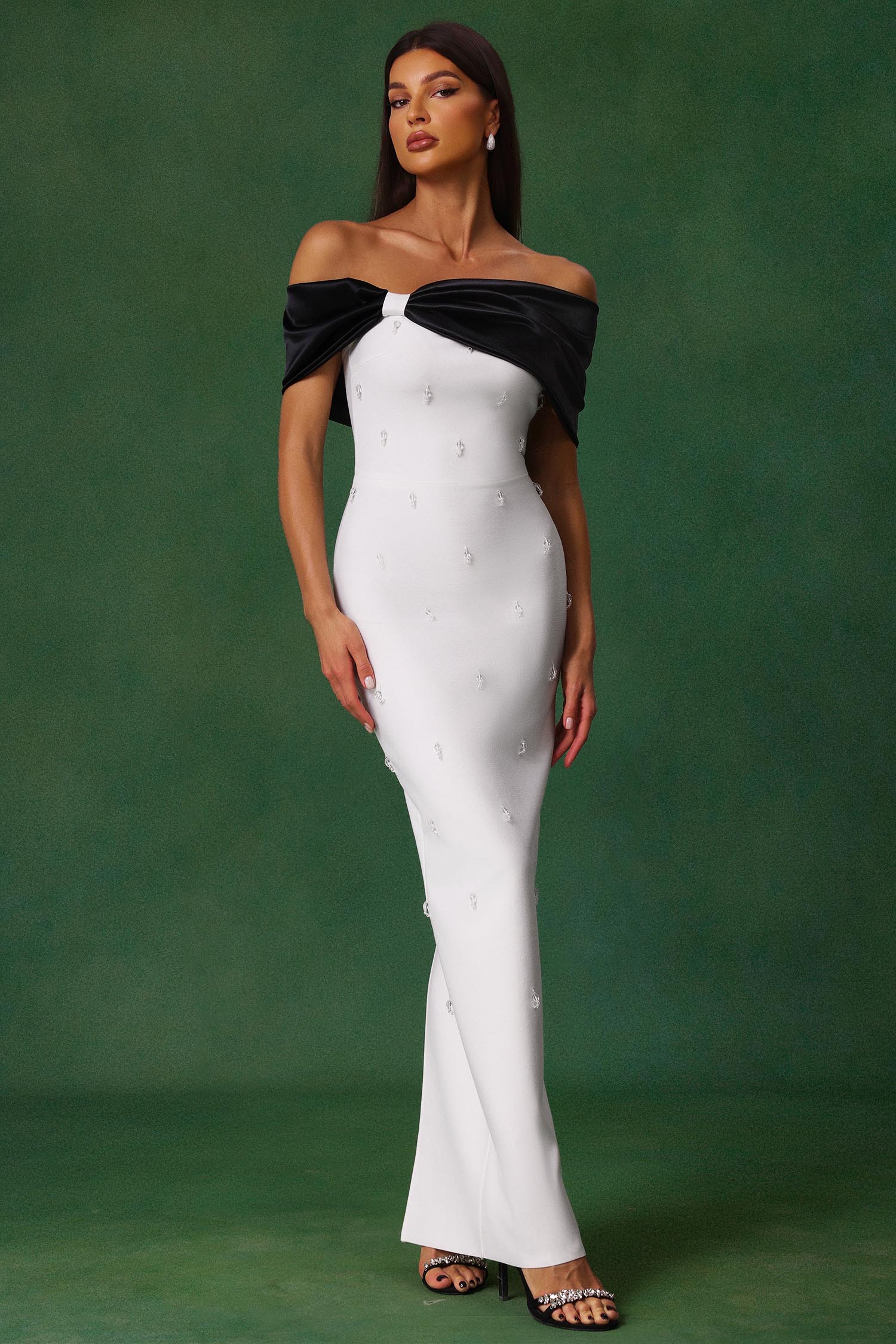 Stella White Diamond Bow Off-the-Shoulder Maxi Dress