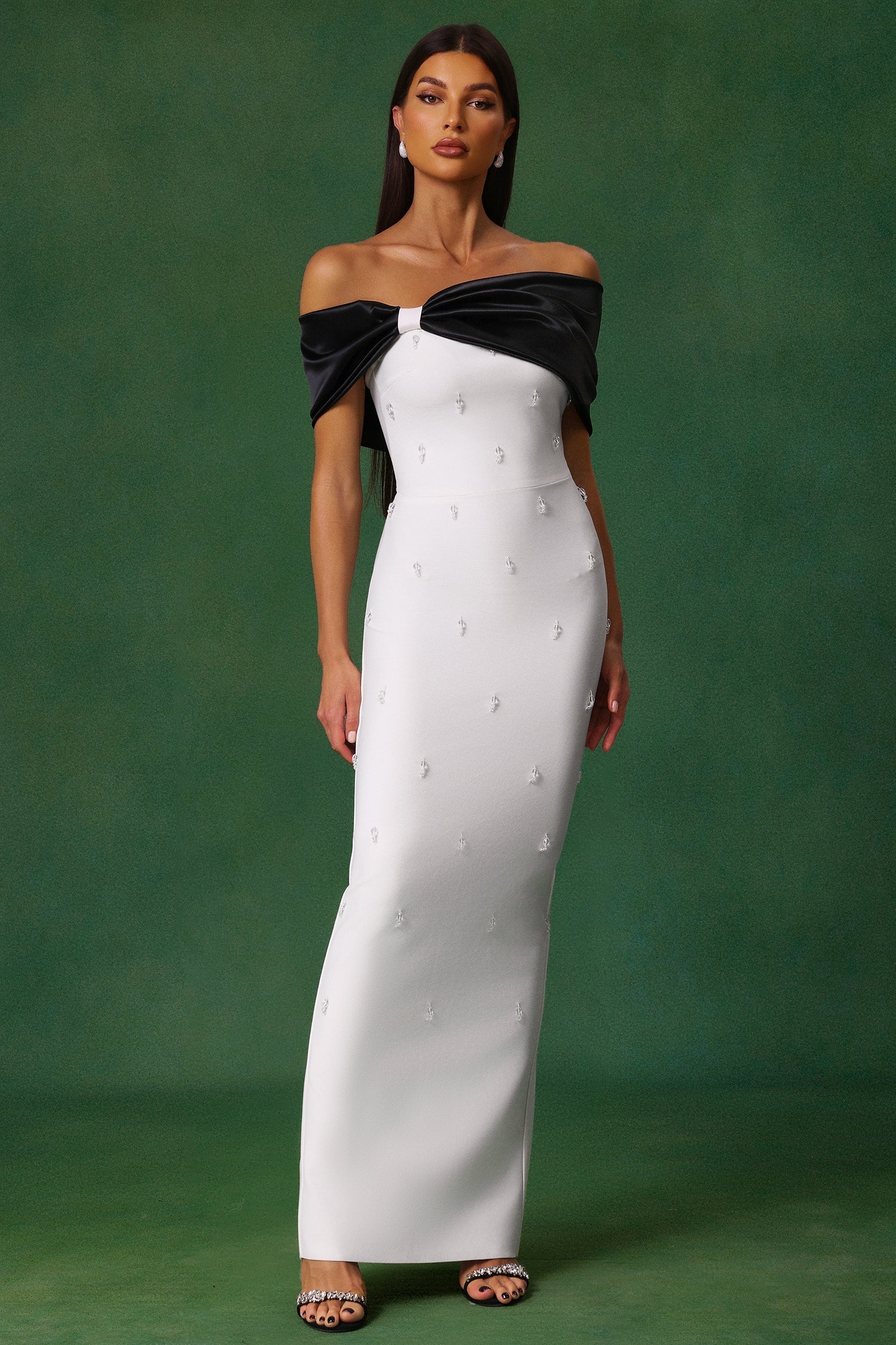 Stella white off-the-shoulder diamond bow detail maxi dress