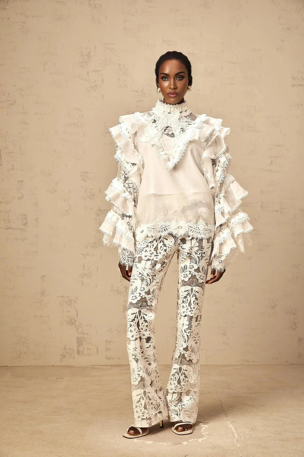 Summer Blouse with Lace Details and Ruffled Sleeves in White