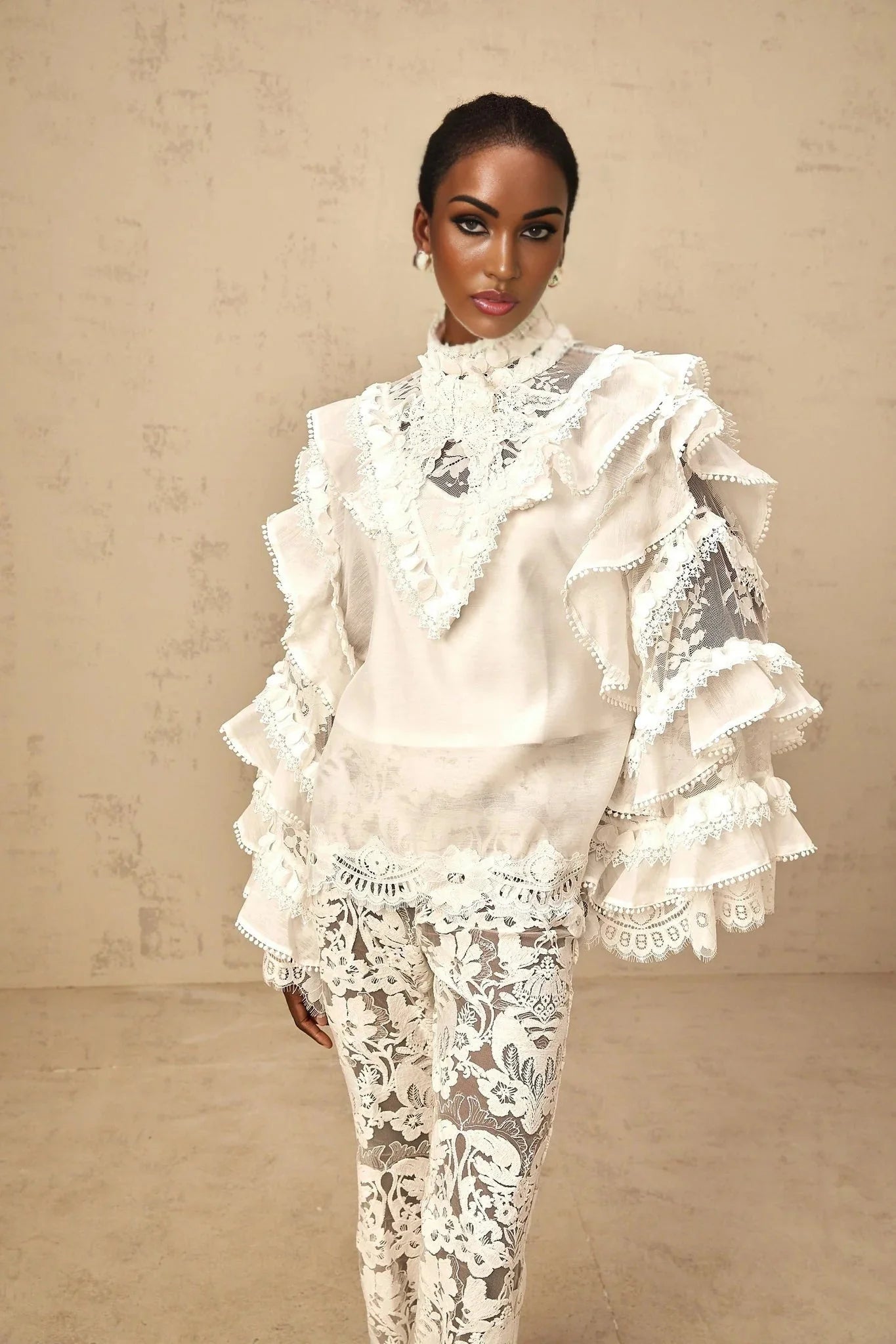 Summer Blouse with Lace Details and Ruffled Sleeves in White