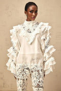 Summer Blouse with Lace Details and Ruffled Sleeves in White
