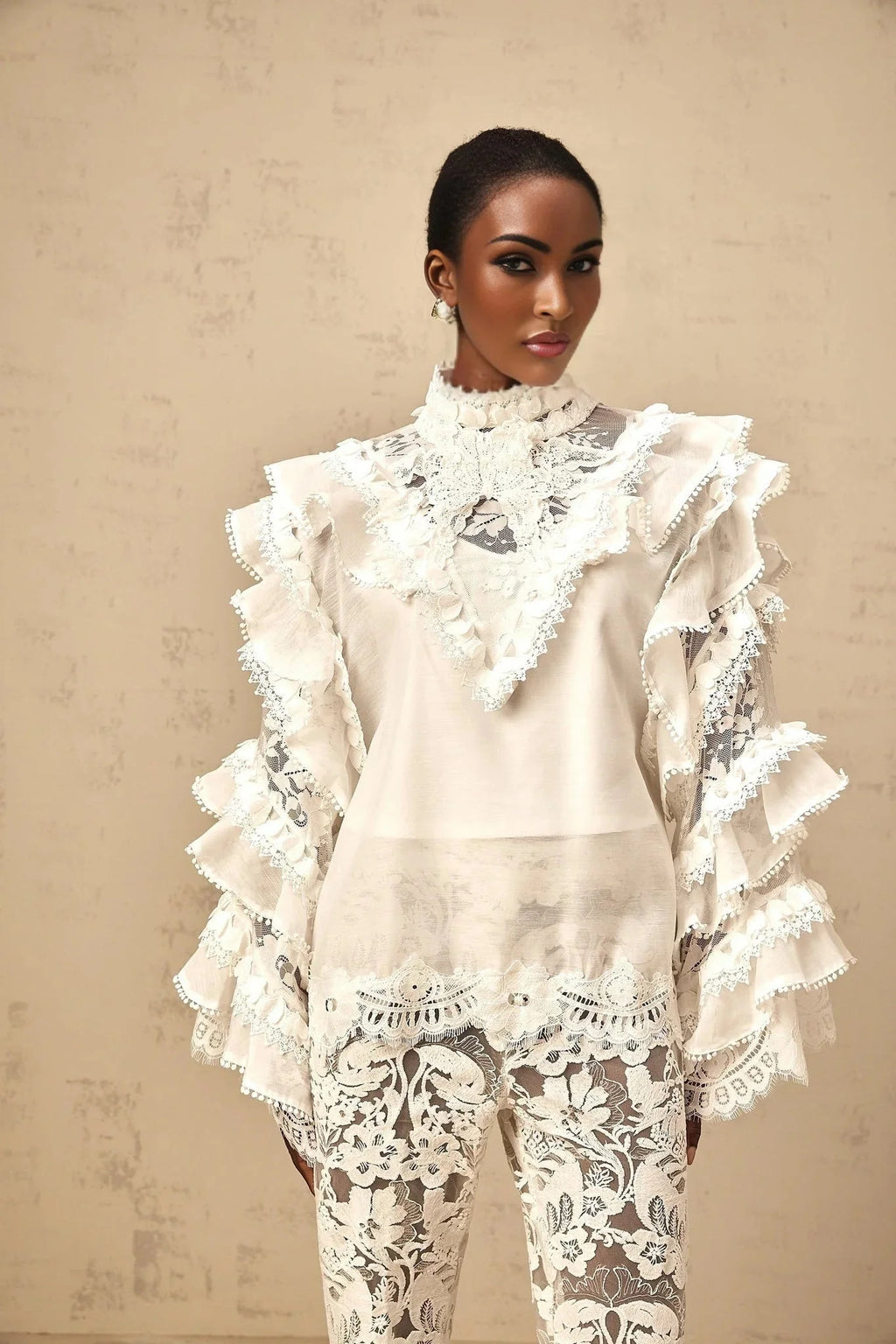Summer Blouse with Lace Details and Ruffled Sleeves in White