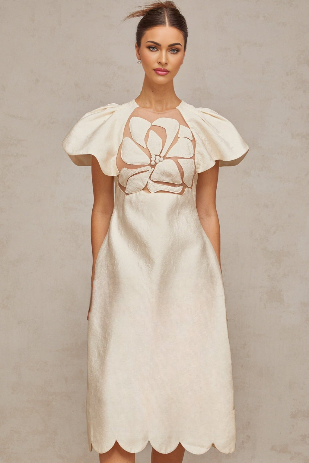 Summer Midi Dress White Jacquard Flutter Sleeve Tulle Floral Panel Zip Calf Length