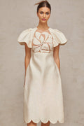 Summer Midi Dress White Jacquard Flutter Sleeve Tulle Floral Panel Zip Calf Length
