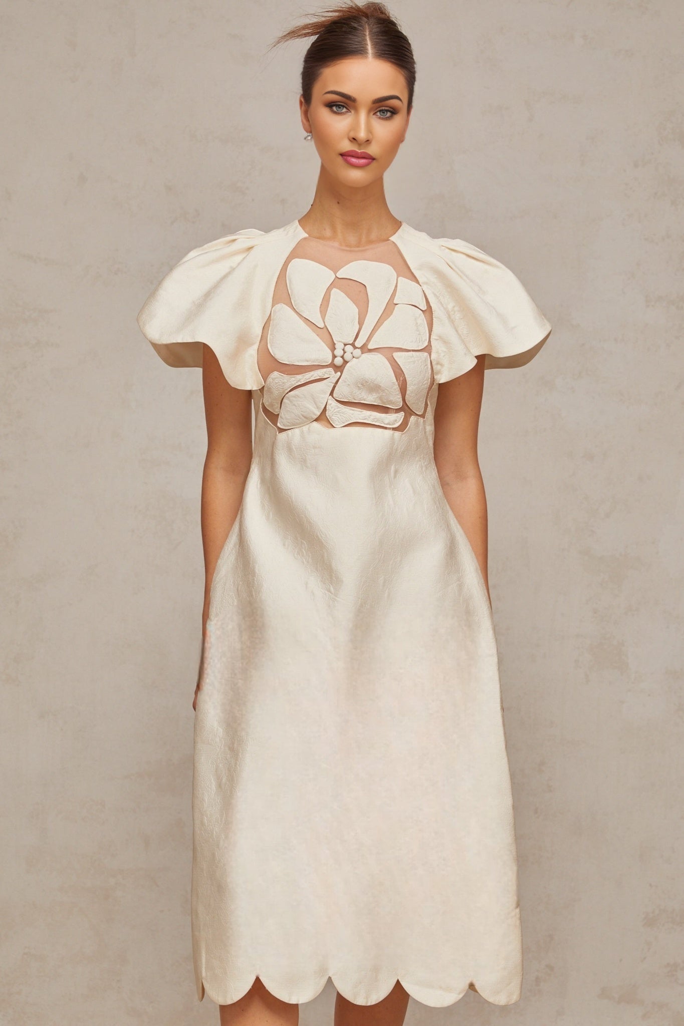 Summer Midi Dress White Jacquard Flutter Sleeve Tulle Floral Panel Zip Calf Length