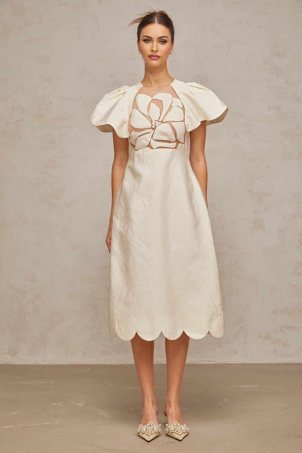 Summer Midi Dress White Jacquard Flutter Sleeve Tulle Floral Panel Zip Calf Length
