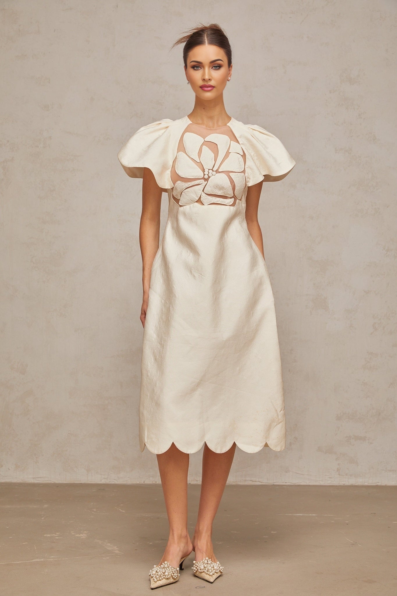 Summer Midi Dress White Jacquard Flutter Sleeve Tulle Floral Panel Zip Calf Length