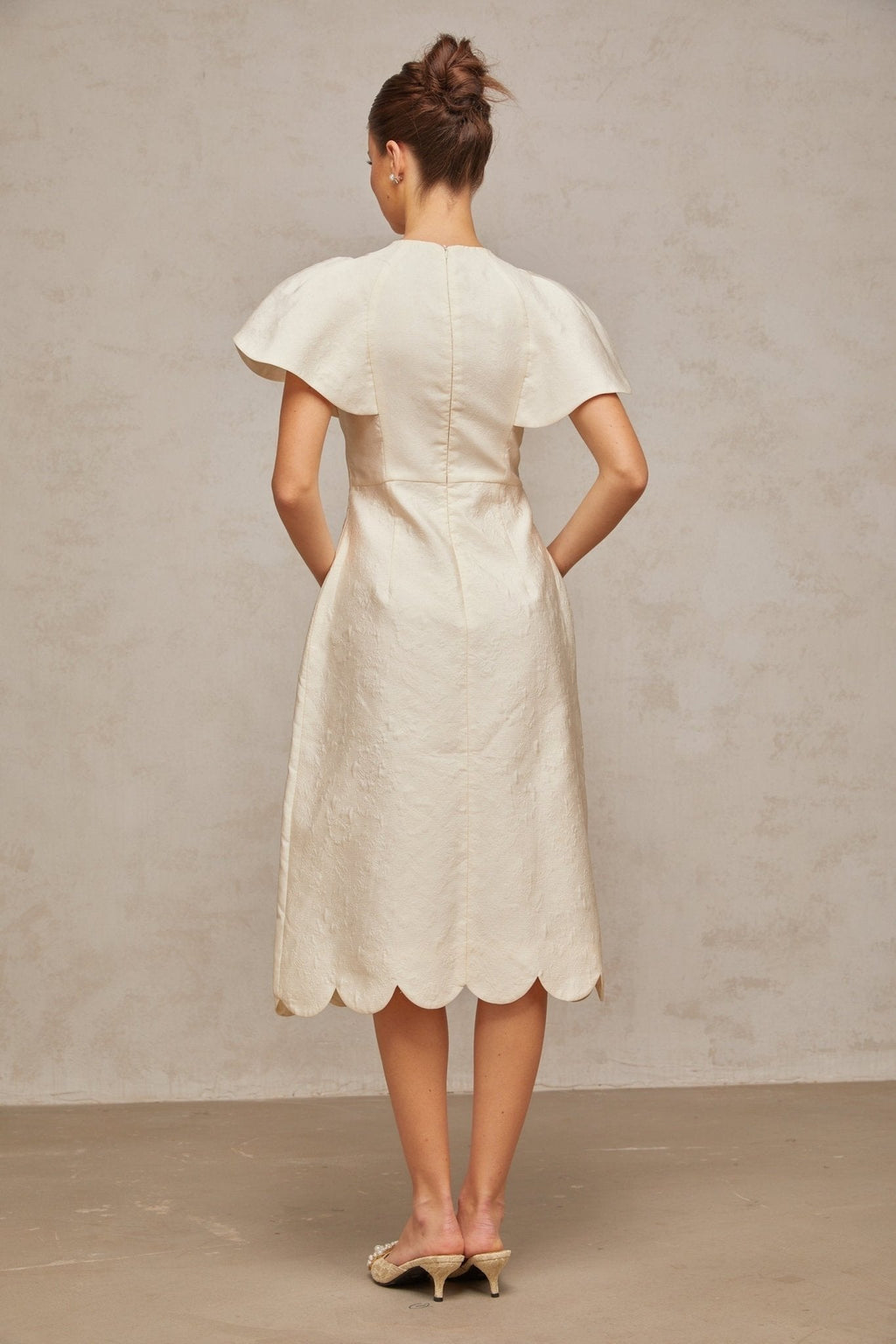Summer Midi Dress White Jacquard Flutter Sleeve Tulle Floral Panel Zip Calf Length
