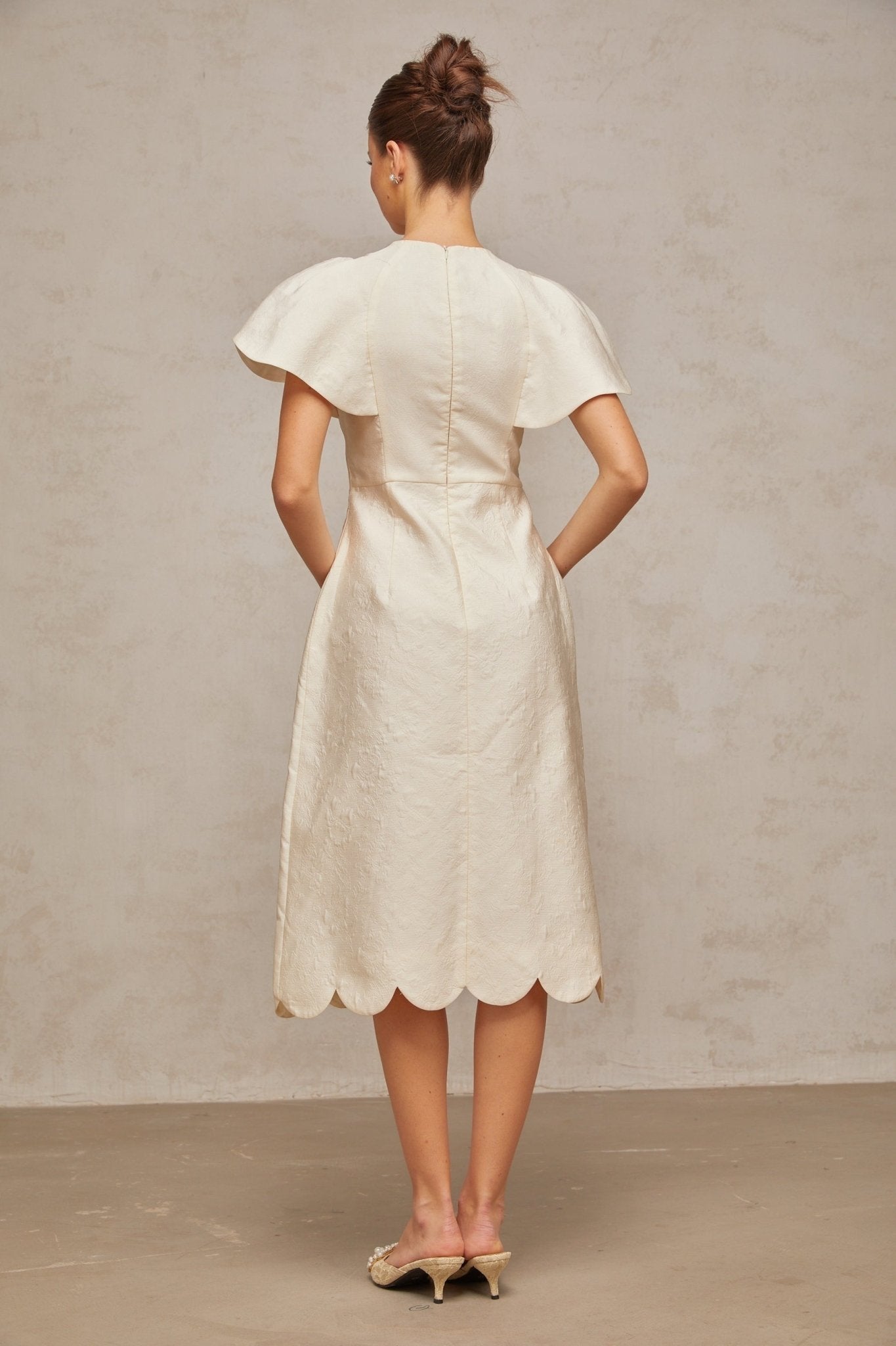 Summer Midi Dress White Jacquard Flutter Sleeve Tulle Floral Panel Zip Calf Length