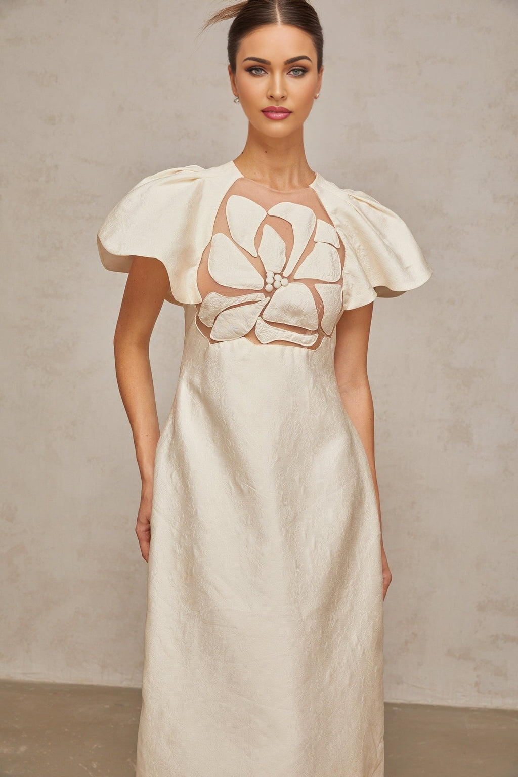 Summer Midi Dress White Jacquard Flutter Sleeve Tulle Floral Panel Zip Calf Length
