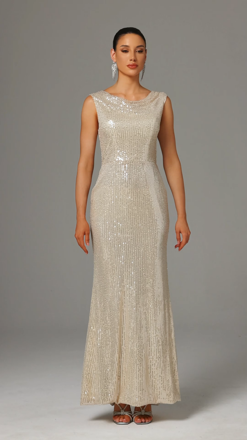 Sydney Beige Sequin Cowl Collar Maxi Dress