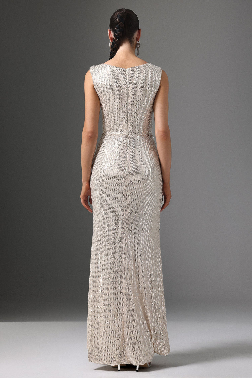 Sydney Beige Sequin Maxi Dress Cowl Collar Sleeveless Elegant Formal Evening Wear