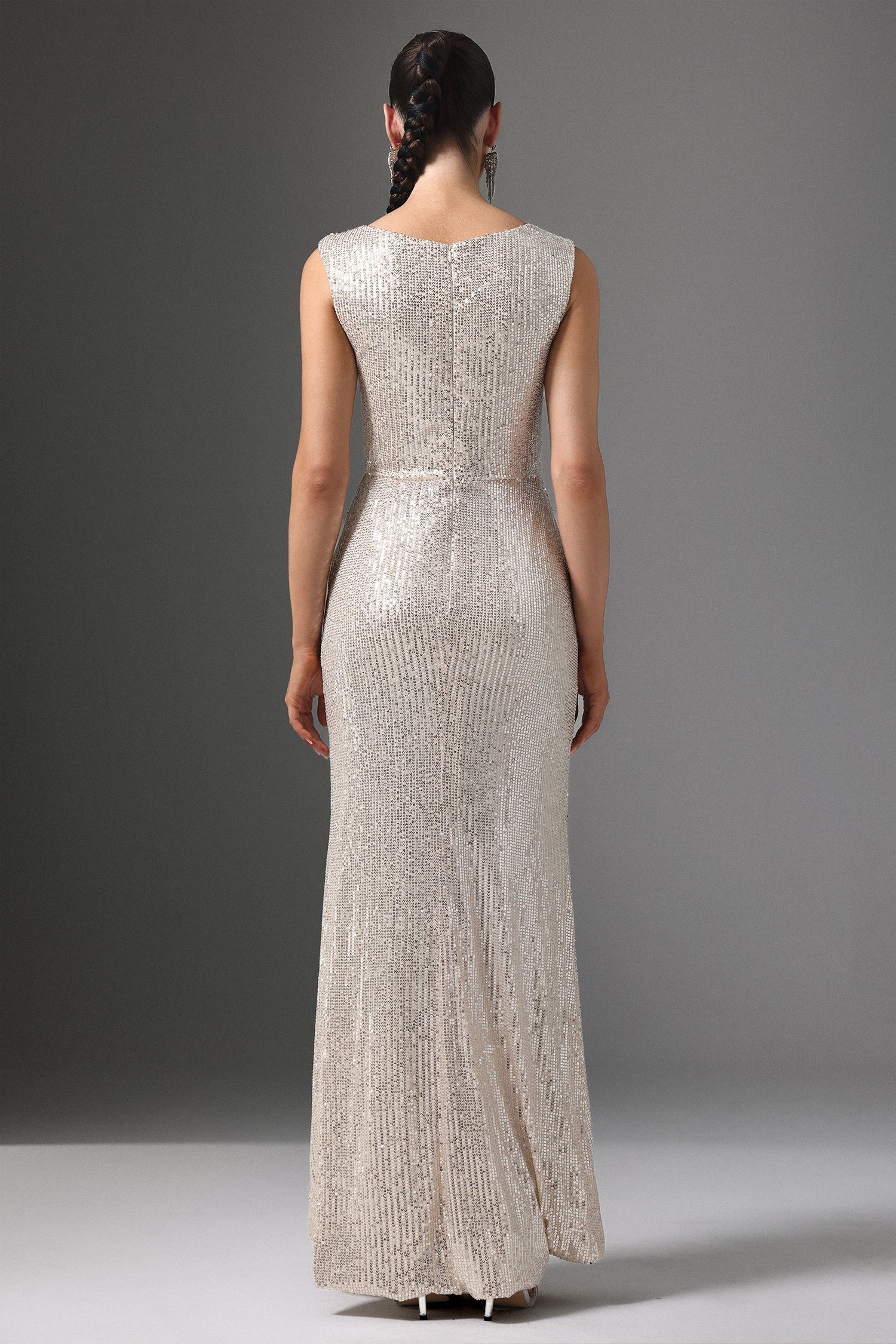 Sydney Beige Sequin Maxi Dress Cowl Collar Sleeveless Elegant Formal Evening Wear