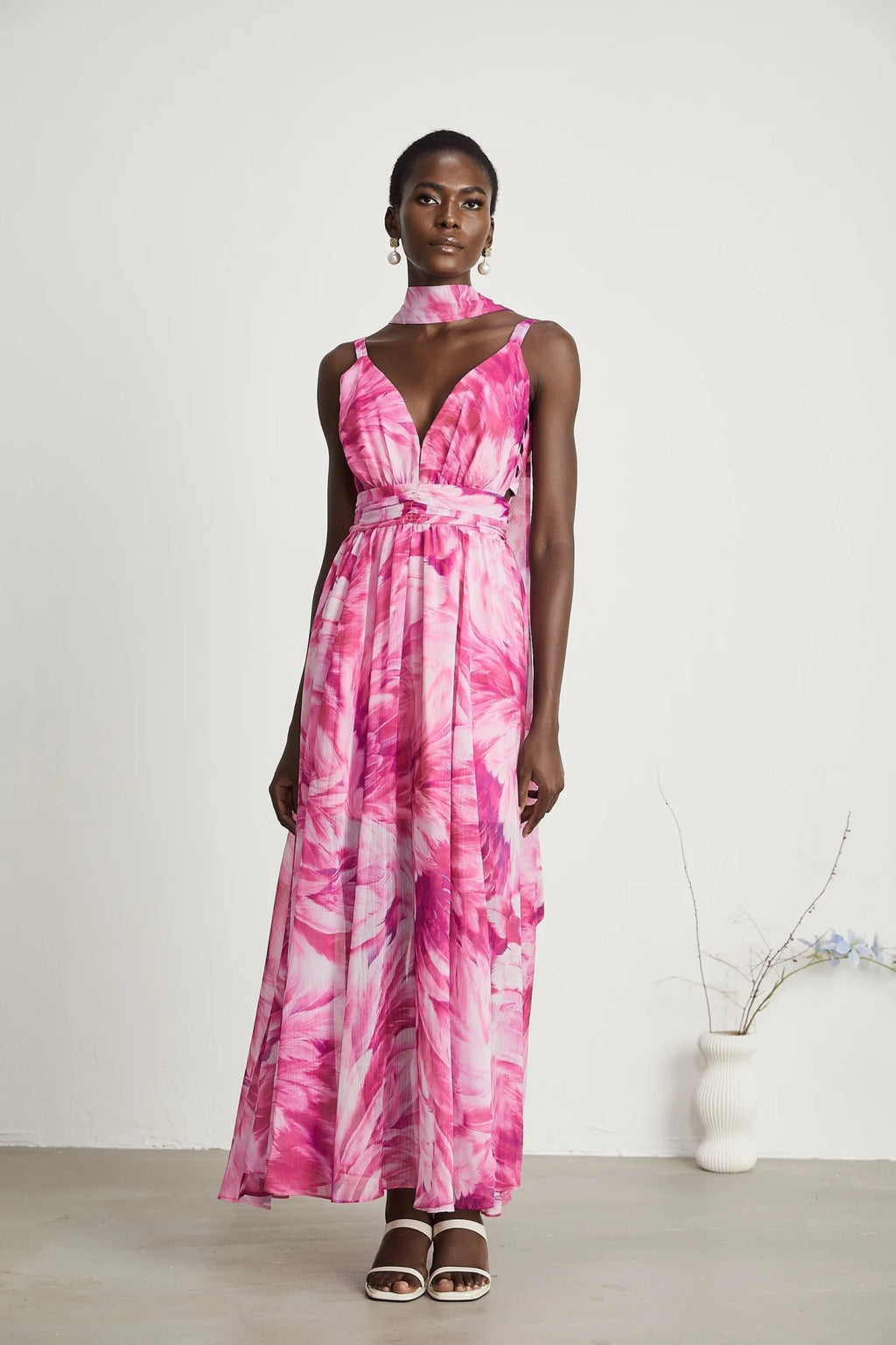 Sydney Floral Maxi Dress in Pink with V - Neckline