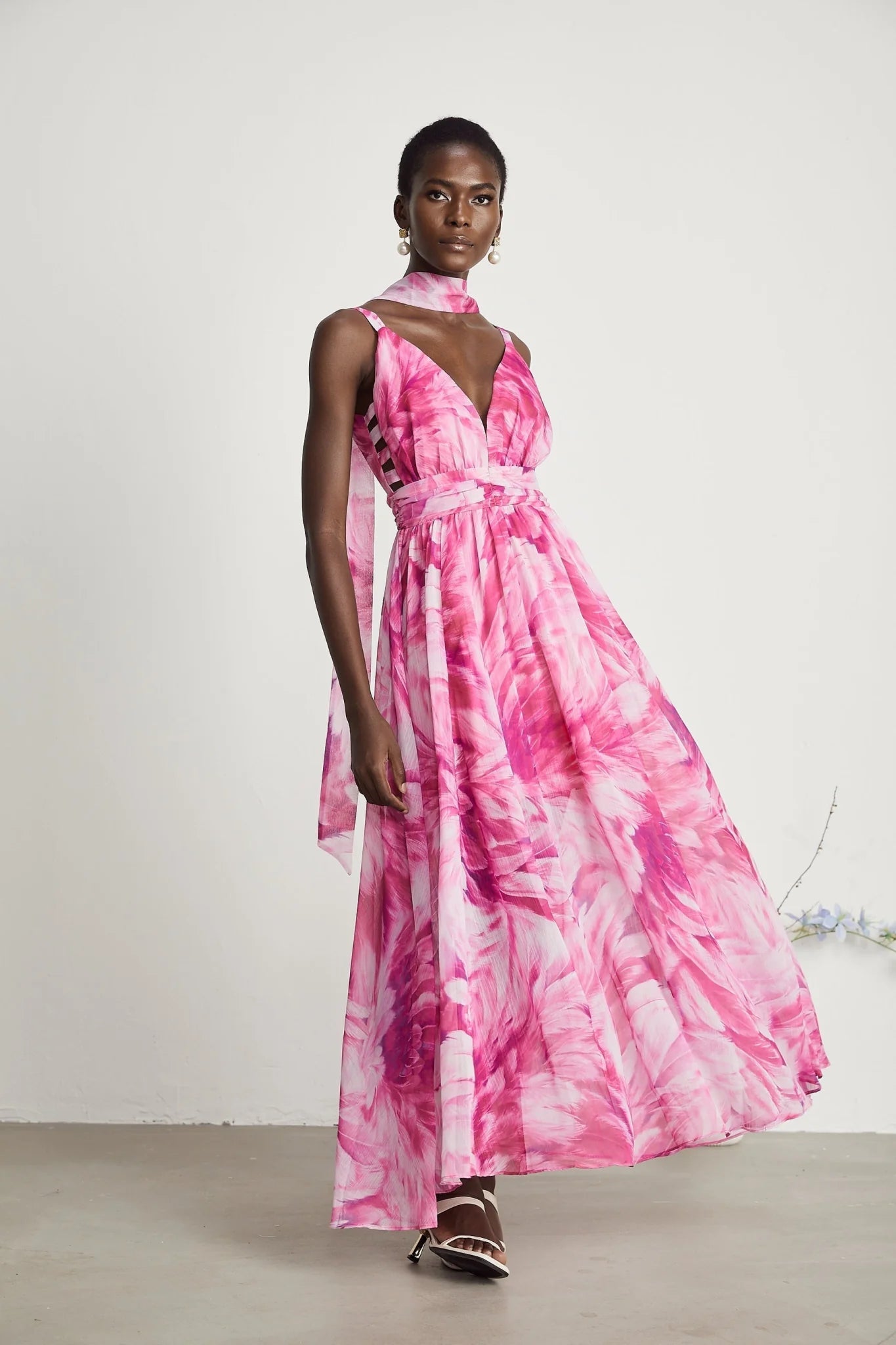 Sydney Floral Maxi Dress in Pink with V - Neckline